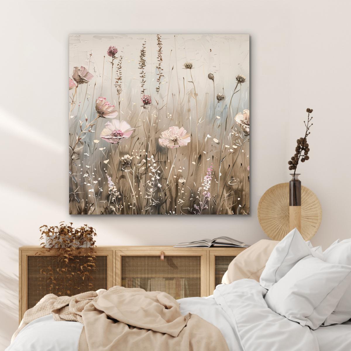 METALLBILD Blumen - Rosa - Modern - Beige 90x90 cm - Beige, Metall (90/90cm) - MuchoWow