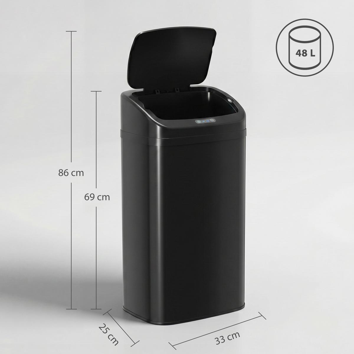 MÜLLEIMER mit Sensor 48L Edelstahl Abfalleimer mit Automatischer Schließfunktion - Schwarz, Metall (25/69/33cm) - HOMCOM