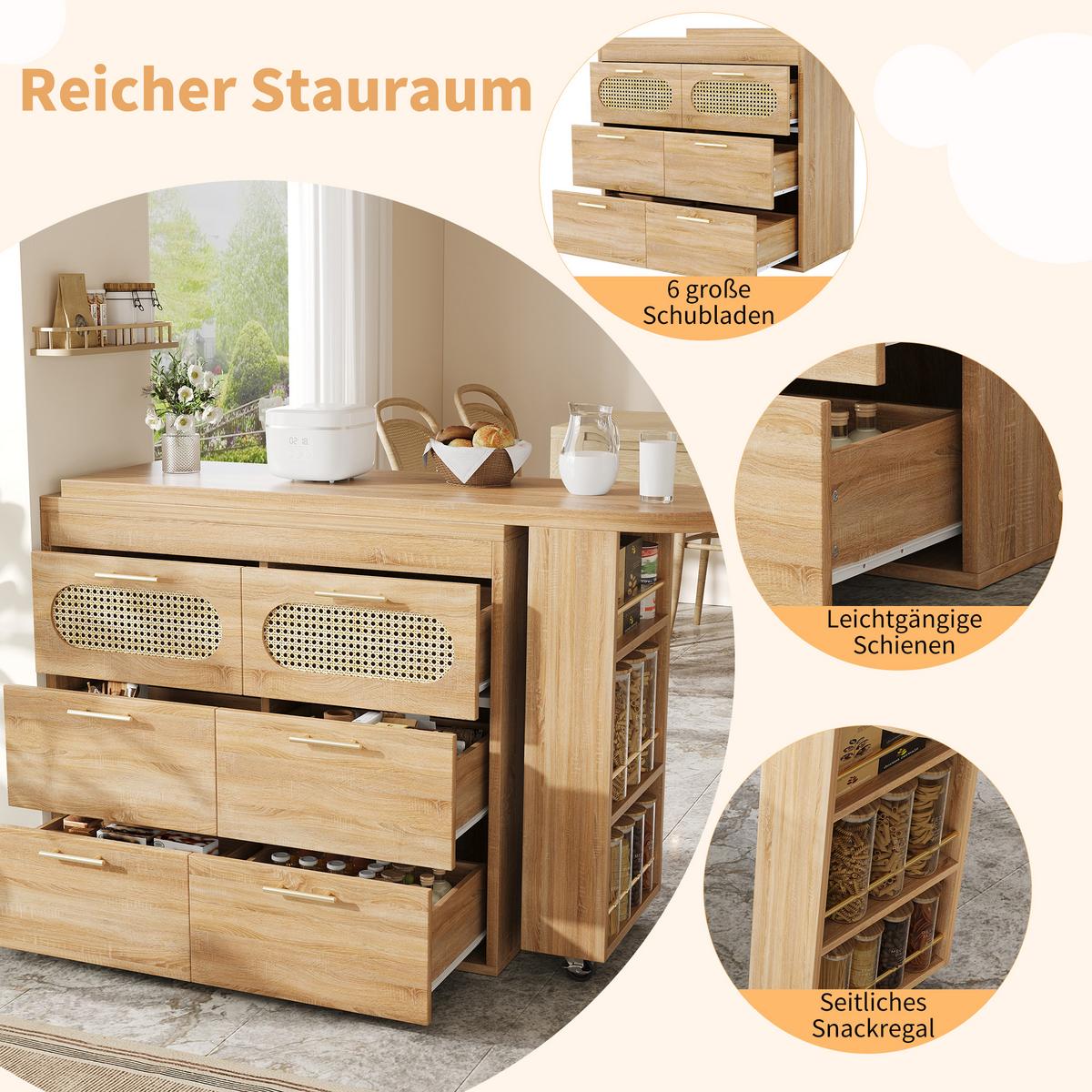 BARTISCH mit küchenbuffet 360° drehbar & 6 schubladen - Naturfarben, Holzwerkstoff (39/203/90cm) - Urban Meuble