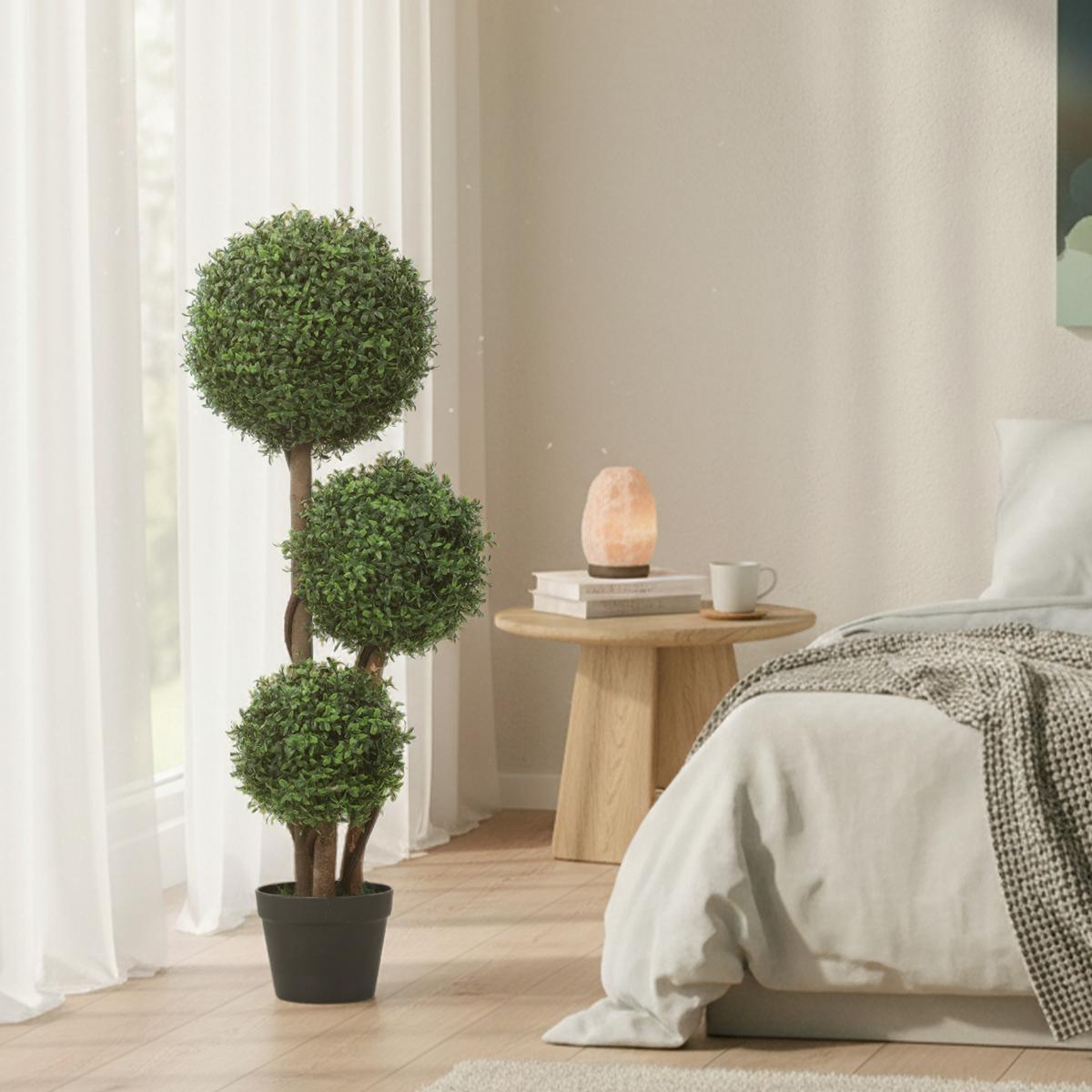 KÜNSTLICHE Buchsbaumkugel groß 100cm dreikugelig Kunstpflanze mit Holzstamm - Schwarz/Braun, Holz/Kunststoff (100cm) - HOMCOM