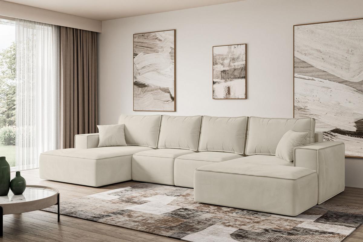WOHNLANDSCHAFT mit Schlaffunktion und Bettkasten SIERRA-U-S - 349x161x87 cm Beige Velours - Beige/Schwarz, Holzwerkstoff/Kunststoff (349/87/161cm) - ALTDECOR