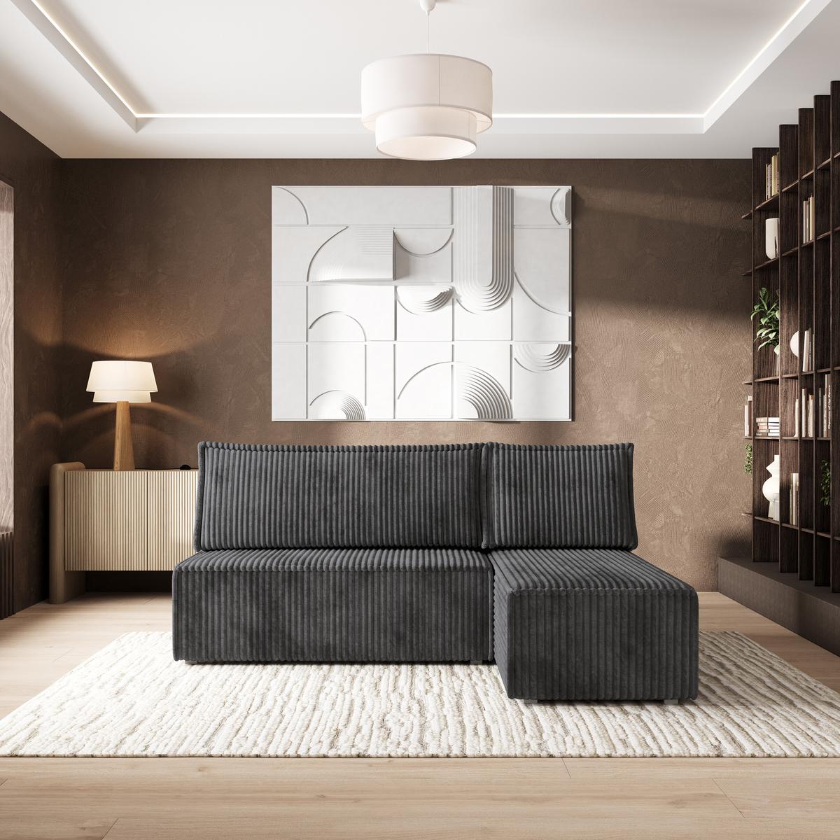 ECKSOFA BRISO T Graphitfarben Kordstoff mit Schlaffunktion - Graphitfarben/Grau, Holz/Kunststoff (200/140cm) - MASSENO