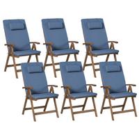 STUHL 6er-Set und Sitzkissen Akazienholz Blau Amatea Premium - Dunkelbraun, Holz (54/105/69cm) - Beliani