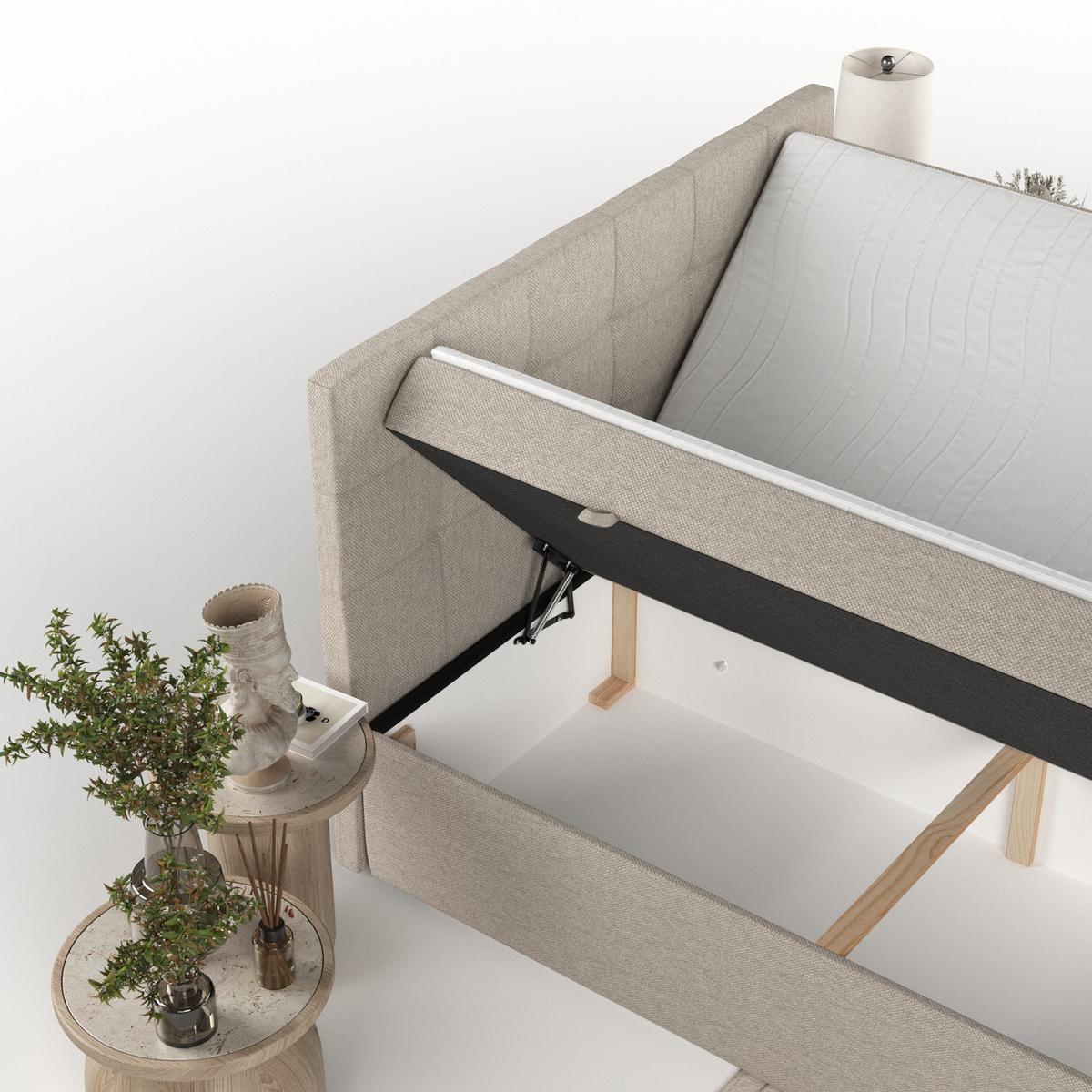 BOXBETT Lean 140/200 cm Hellbeige im Megan Stoff - Sandfarben/Schwarz, Holz/Holzwerkstoff (140/200cm) - AltaBeds