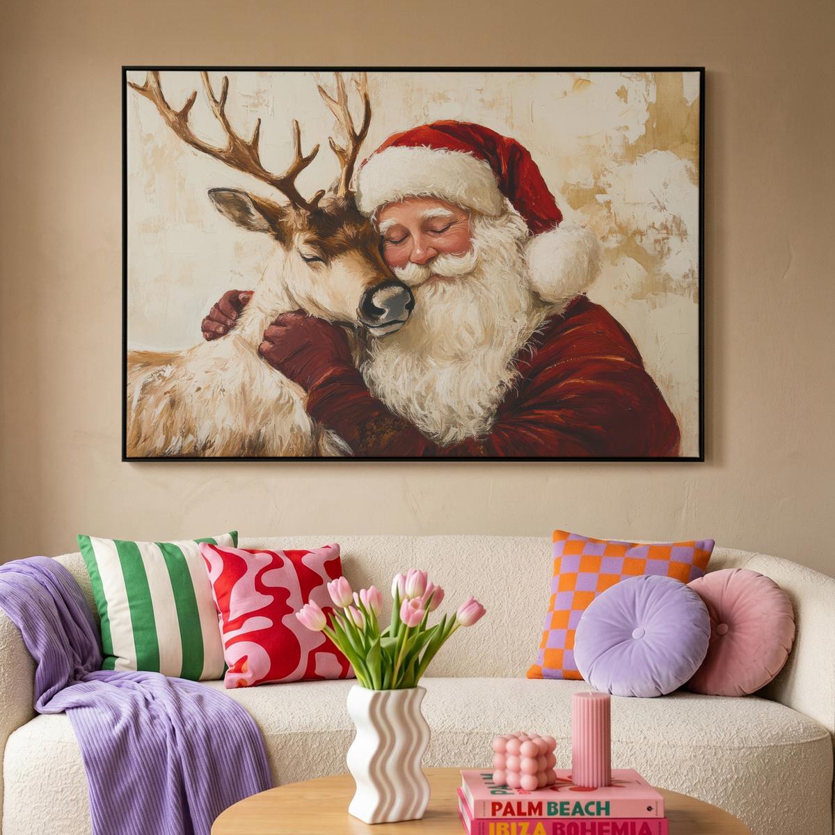 LEINWAND Bilder mit Rahmen - Weihnachtsmann - Rentier - Weihnachten - 150x100 - Rotbraun, Textil (150/100cm) - MuchoWow