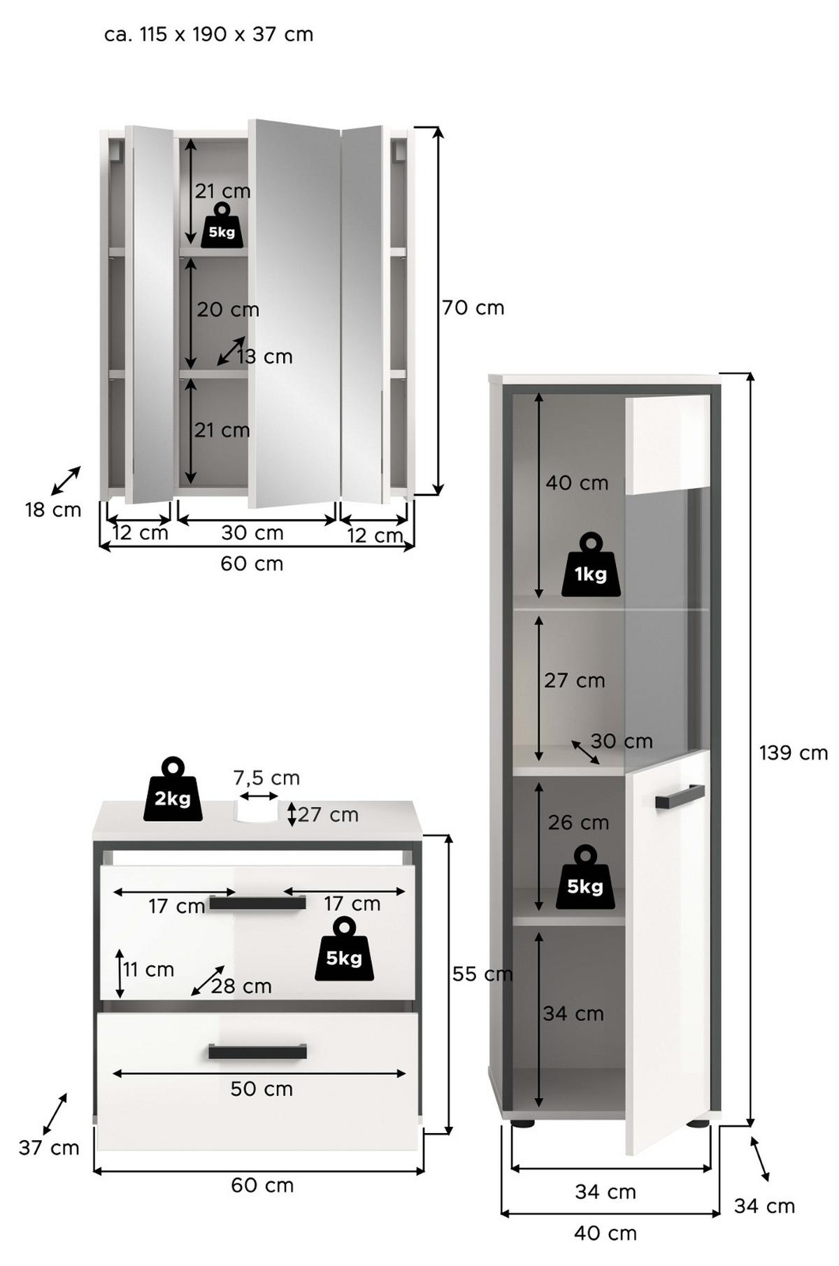 BADMÖBEL-SET 3-teilig weiß Hochglanz, grau, Badkombination 115 x 190 cm - Weiß Hochglanz/Schwarz, Glas/Holzwerkstoff (115/190/37.5cm) - Inn.Furn