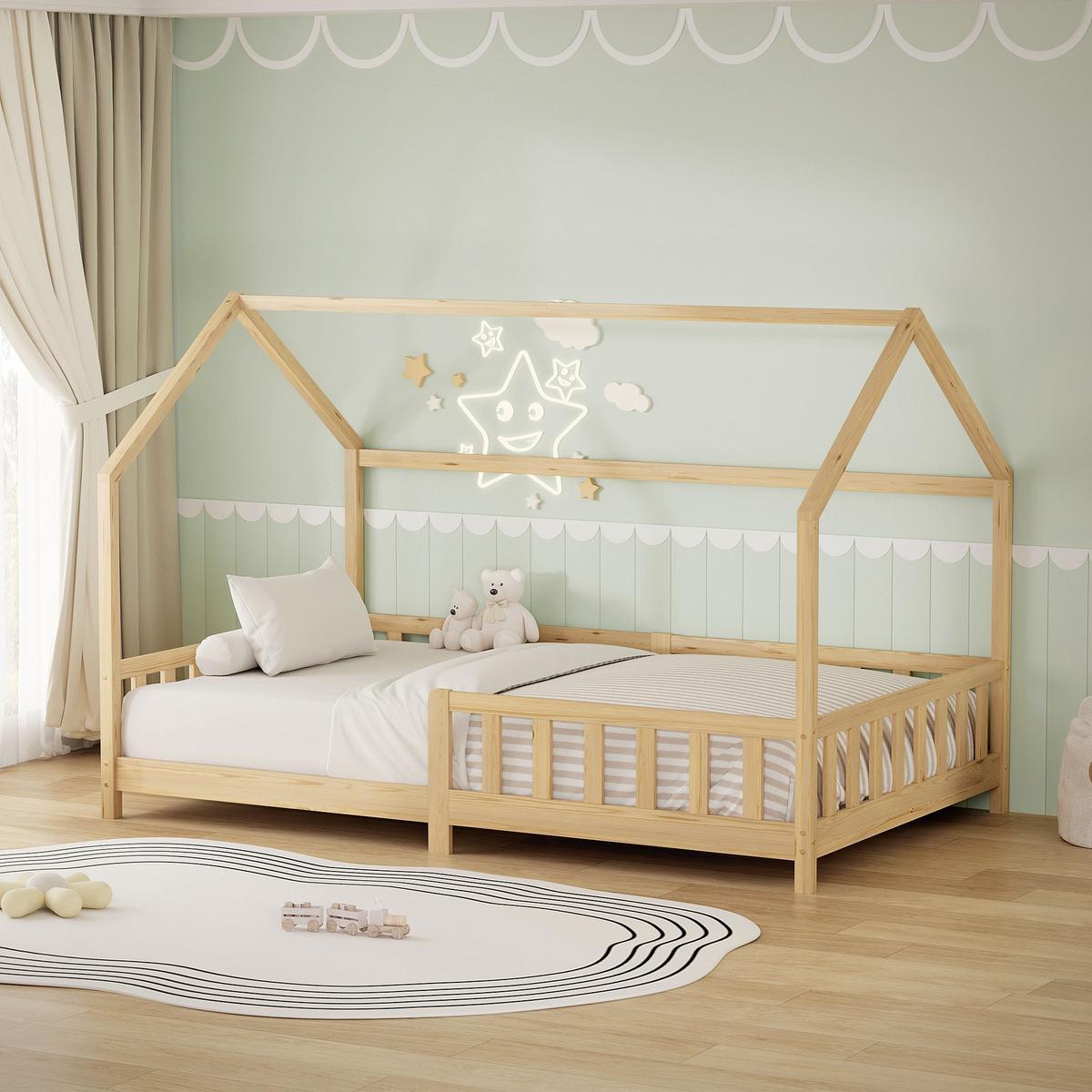 KINDERBETT 120x200 cm mit Rausfallschutz Natur aus Kiefernholz massiv - Naturfarben, Holz (120/200cm) - ML-DESIGN