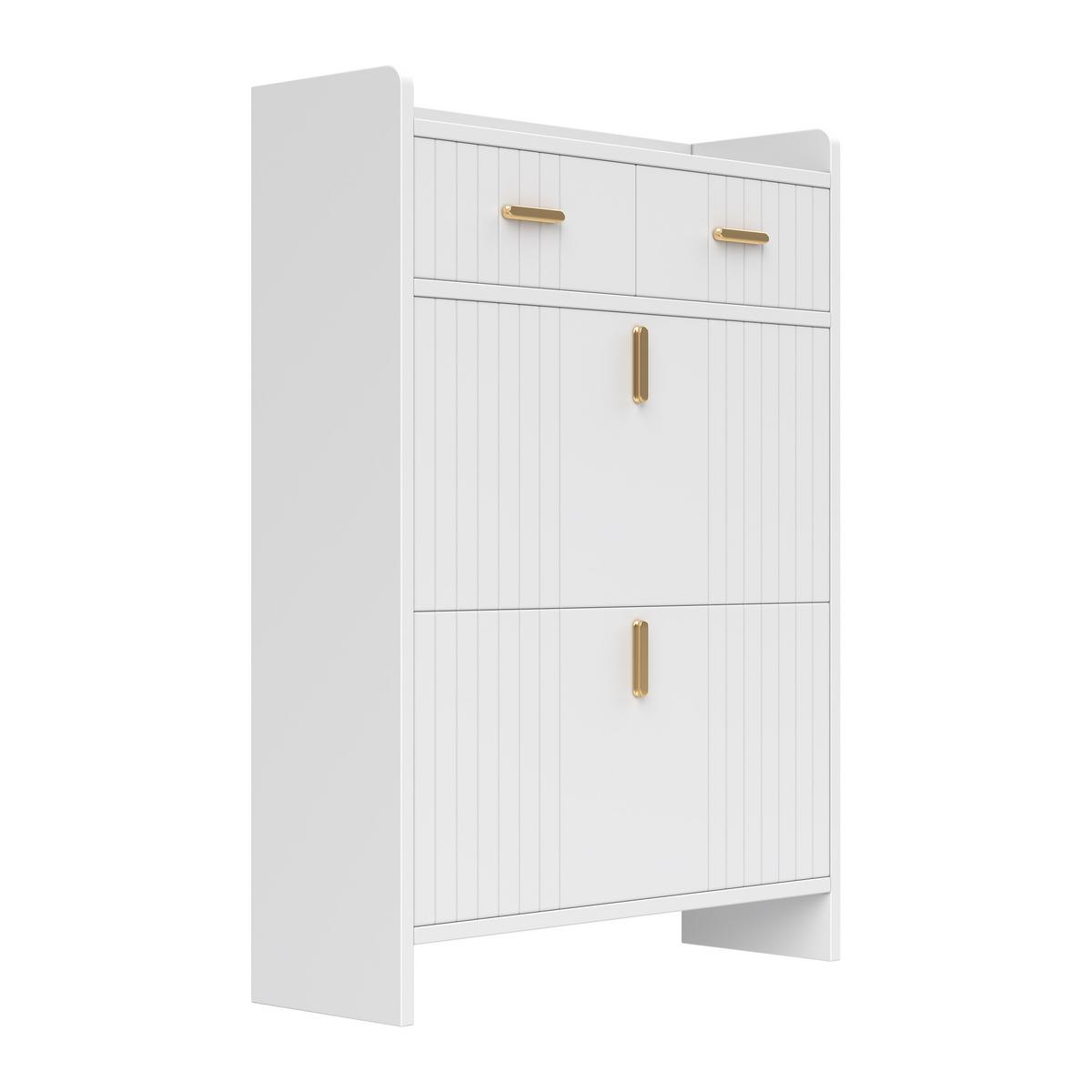 SCHUHSCHRANK Schmal mit 2 Klappfächern & Schubladen Modern - Weiß, Holzwerkstoff (75/108.5/24cm) - Urban Meuble