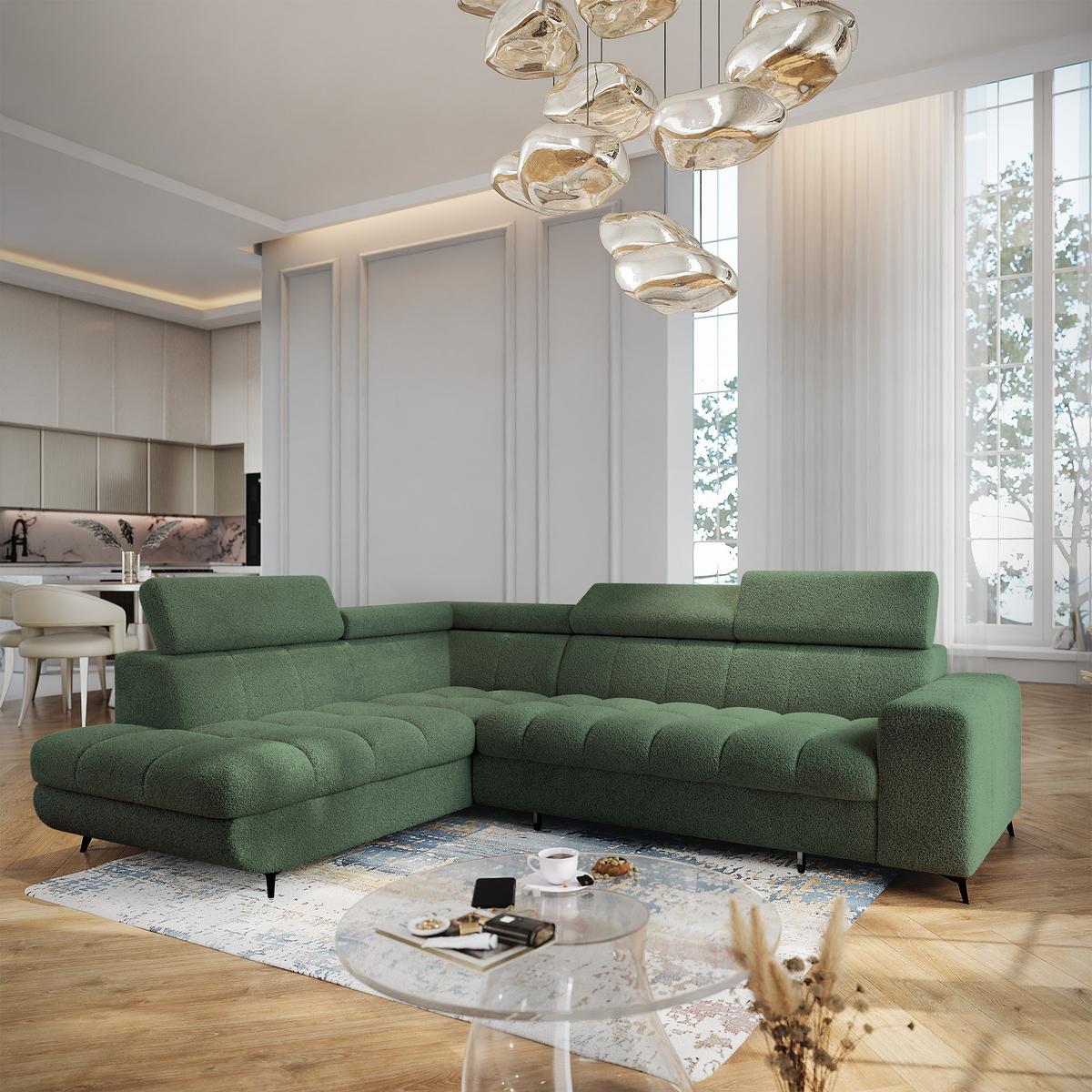 ECKSOFA MORIVA Q L-S Grün Boucle-Stoff mit Schlaffunktion - Grün, Holzwerkstoff/Textil (253/190cm) - MASSENO