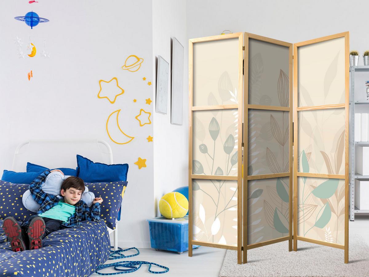 PARAVENT Japanischer 3-tlg 135x172 cm Boho Pflanzen - Beige, Holz/Textil (135/172/3cm) - Muralo