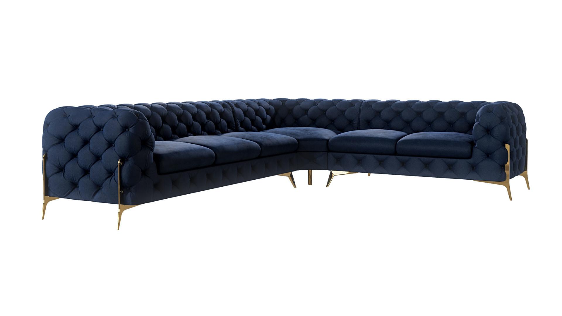 ECKSOFA Chesterfield Lexi Marineblau Samt, langer Schenkel links - Goldfarben/Dunkelblau, Holz/Textil (323/264cm) - S-Style