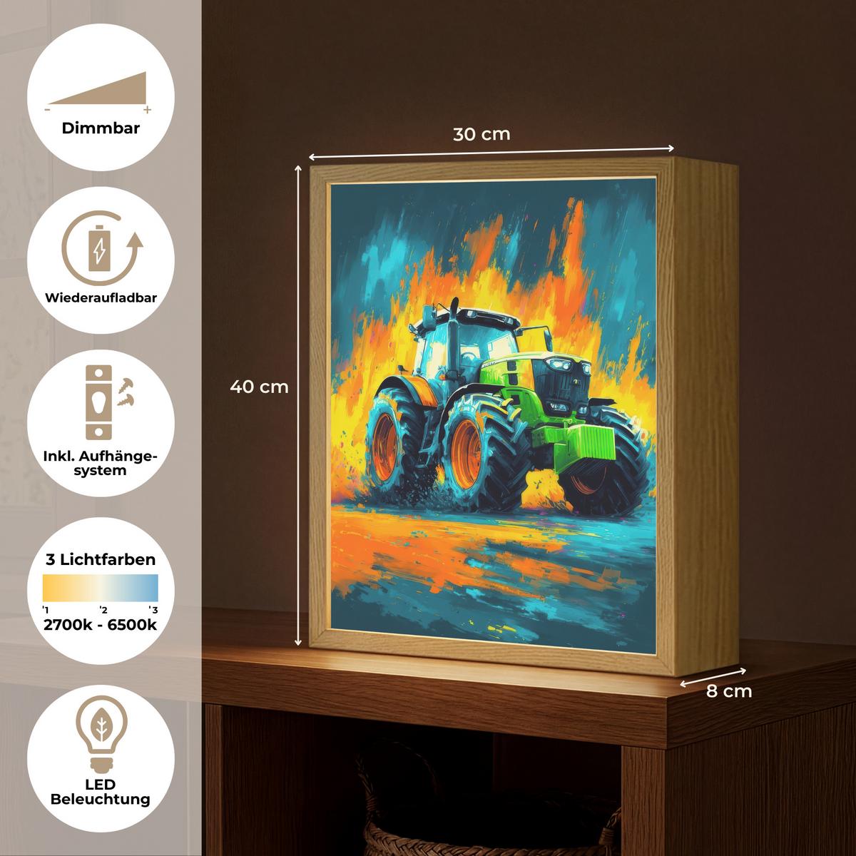 NACHTTISCHLAMPE MIT AKKU Abstrakt - Traktor - Grün 30x40 cm - Dunkelblau, Holzwerkstoff (8/30/40cm) - OnlyWow