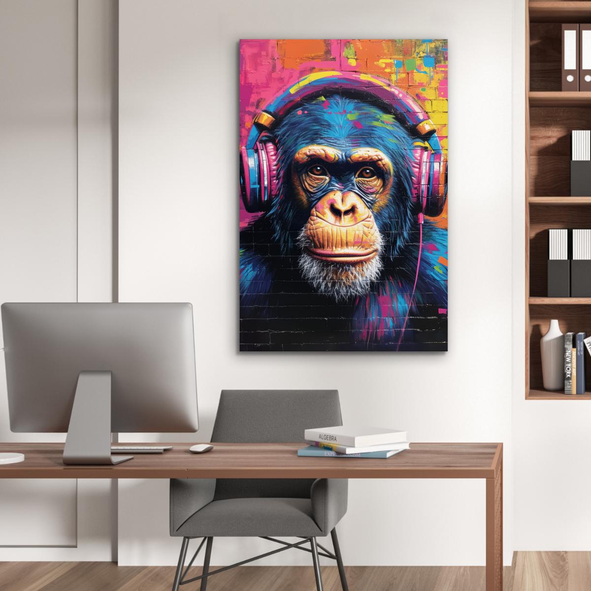 METALLBILD Graffiti - Schimpanse - Straßenkunst - Kopfhörer - Affe 80x120 cm - Blau, Metall (80/120cm) - MuchoWow