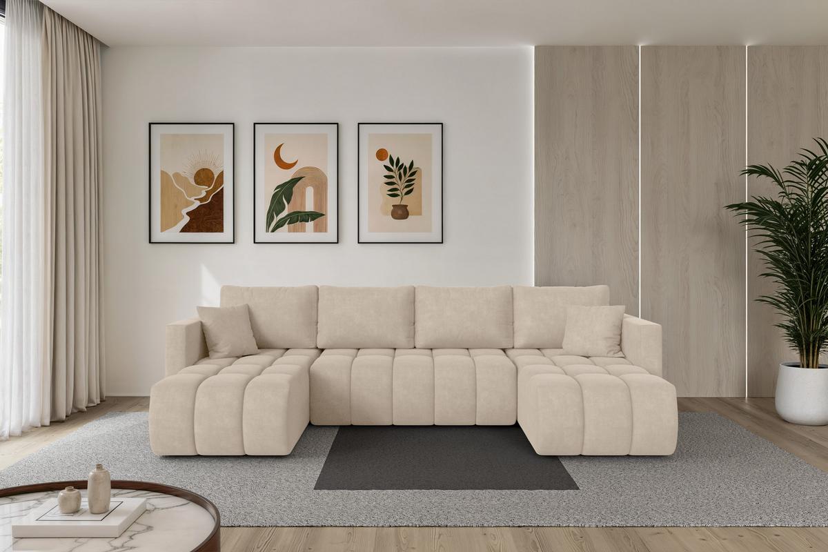 WOHNLANDSCHAFT mit Schlaffunktion und Bettkasten GARD-U 300x146x85 Beige Velours - Schwarz/Sahara, Holzwerkstoff/Kunststoff (300/85/146cm) - ALTDECOR