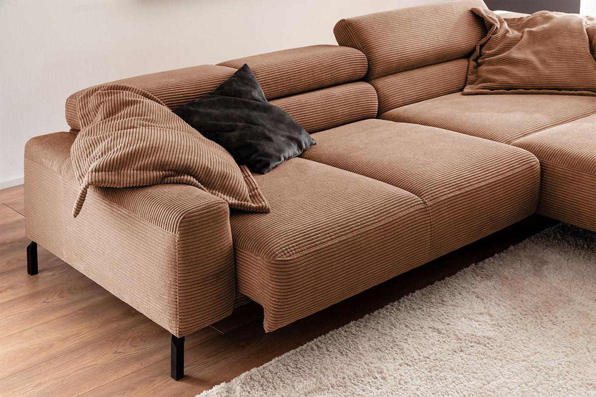 ECKSOFA DELIA Braun Cord Relaxfunktion - Schwarz/Braun, Textil/Metall (276/219cm) - KAWOLA