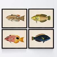 POSTER Set mit 4 Fischweinleseffekt blau gelb grüner Ton A4 Rahmenlos - Klar, Papier (29.7/3cm) - Nacnic