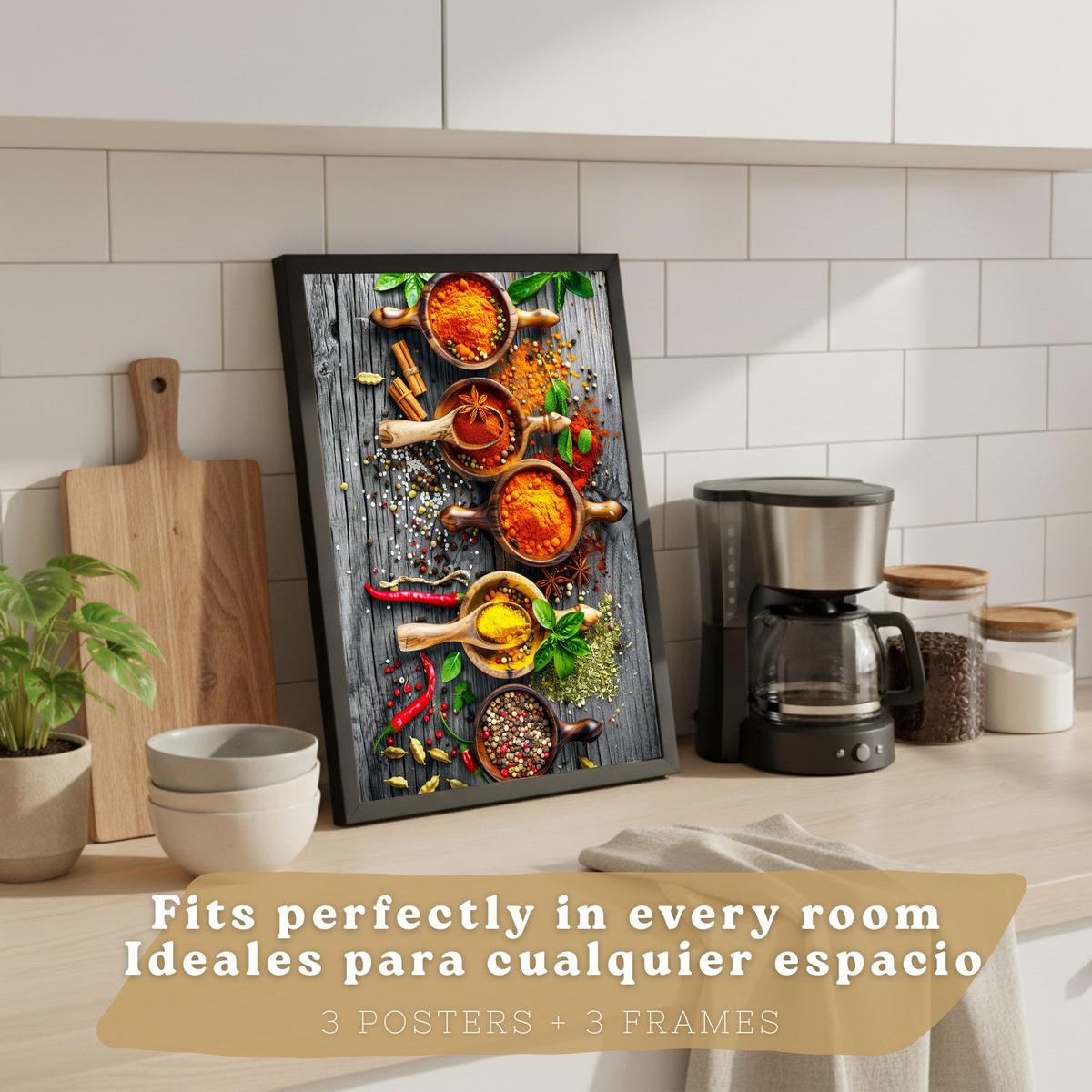 POSTER 3er Set Gewürze und Kräuter Wandbilder Aromatische Zutaten Food Fotografie Küche Esszimmer Deko Schwarzer Rahmen A4 - Schwarz, Papier (29.7/1/21cm) - Nacnic