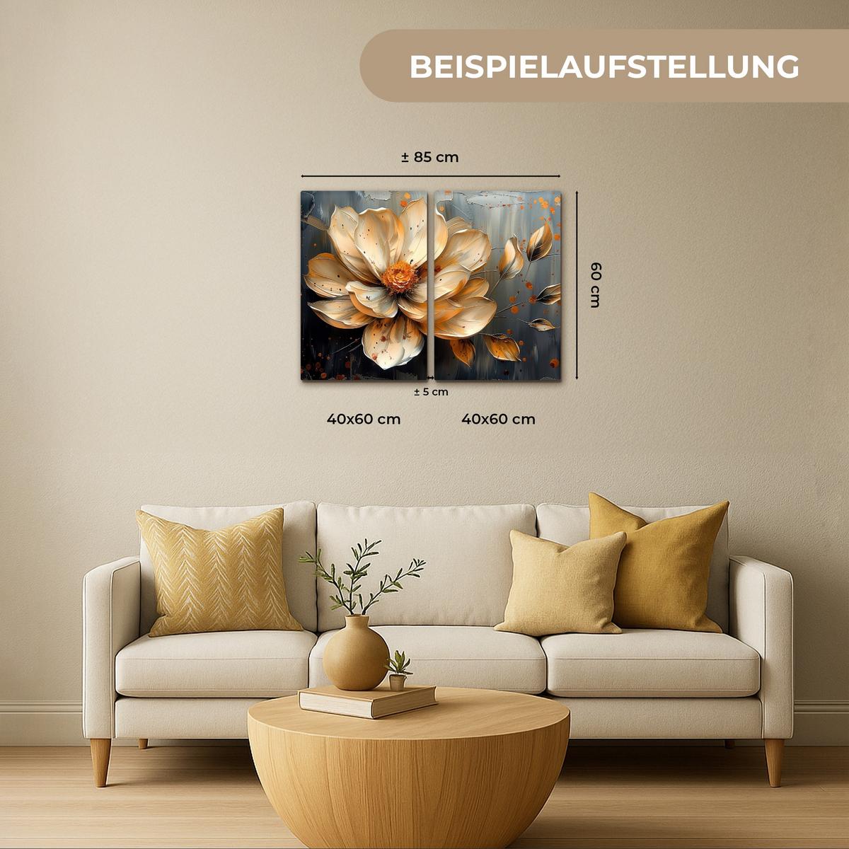 LEINWANDBILD 2er Set Blume - Gold - Abstrakt - Farbe 80x60 cm - Creme, Textil (80/60cm) - MuchoWow