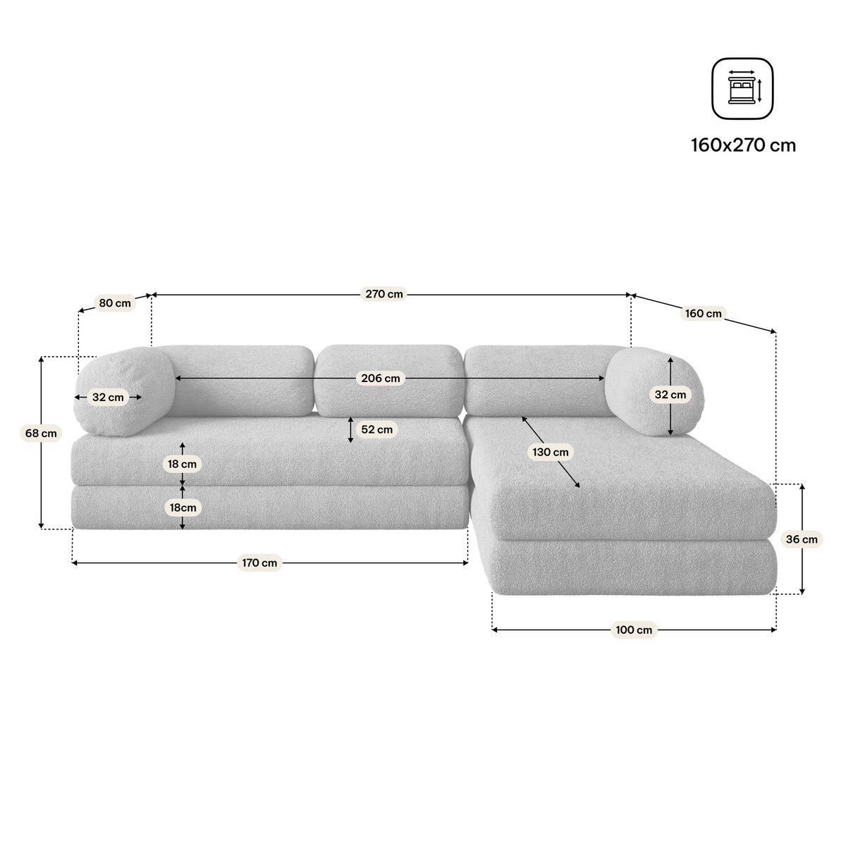 ECKSOFA KELI modulares Boneless Sofa mit Schlaffunktion Hellgrau Boucle-Stoff - Hellgrau, Textil (270/160cm) - MASSENO