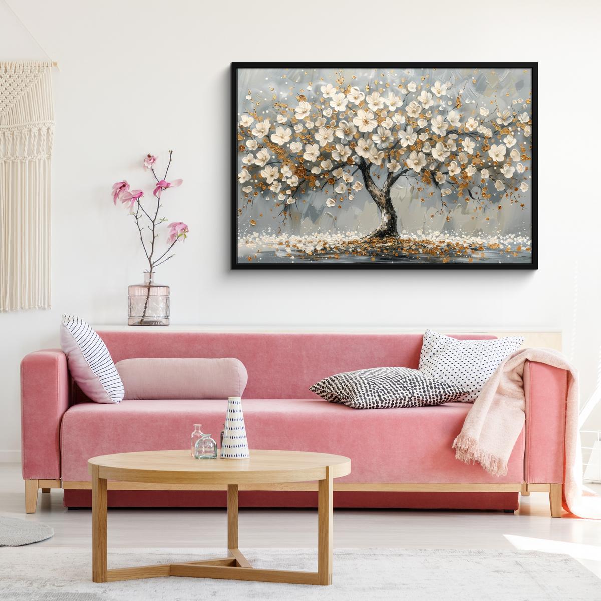 POSTER MIT RAHMENGERAHMTES BILD Baum - Blumen - Weiß - Natur - Kunst 120x80 cm - Weiß, Papier (120/80cm) - MuchoWow