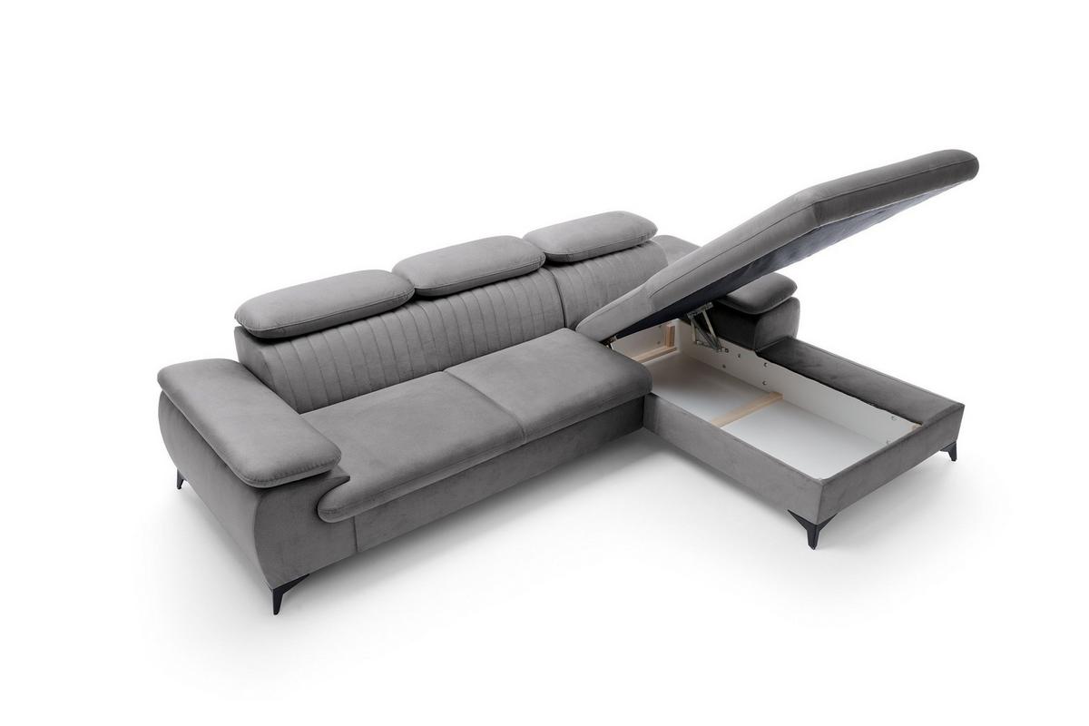 ECKSOFA FIORE Grau Velours-Stoff mit Schlaffunktion - Grau, Holz (280/193cm) - MASSENO
