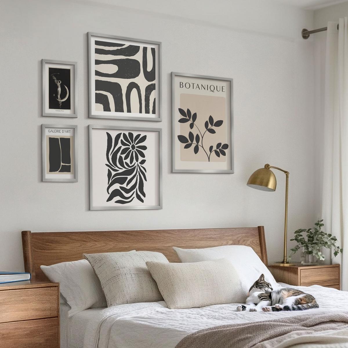 BILDER SET 5er Set - 50x50 cm & 20x30 cm & 40x60 cm Silberner Rahmen - Abstrakte Pflanzenmuster - Silberfarben, Kunststoff (40/60cm) - TULUP