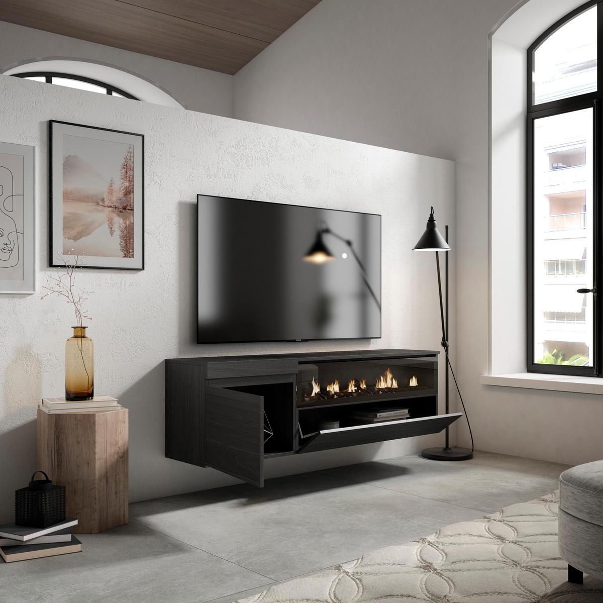 TV-SCHRANK mit Elektrokamin, schwarz, Hängend, 150/35/45cm - Schwarz, Holzwerkstoff (150/45/35cm) - Skraut Home