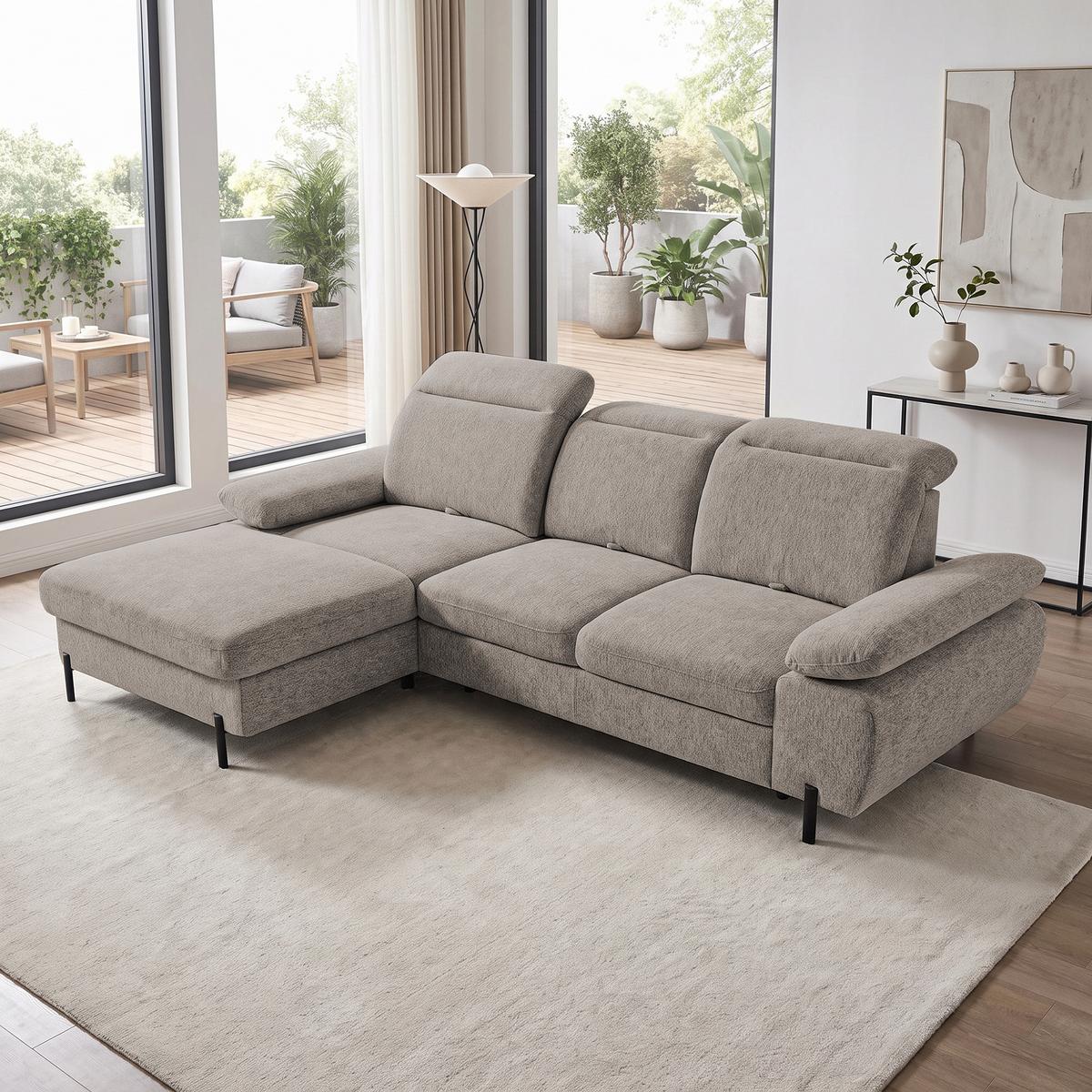 ECKSCHLAFSOFA Sora Mini mit verstellbaren Kopfstützen und Schlaffunktion, Chenille-Stoff, Hellbraun, Links - Hellbraun/Schwarz, Textil (285/190cm) - Beautysofa