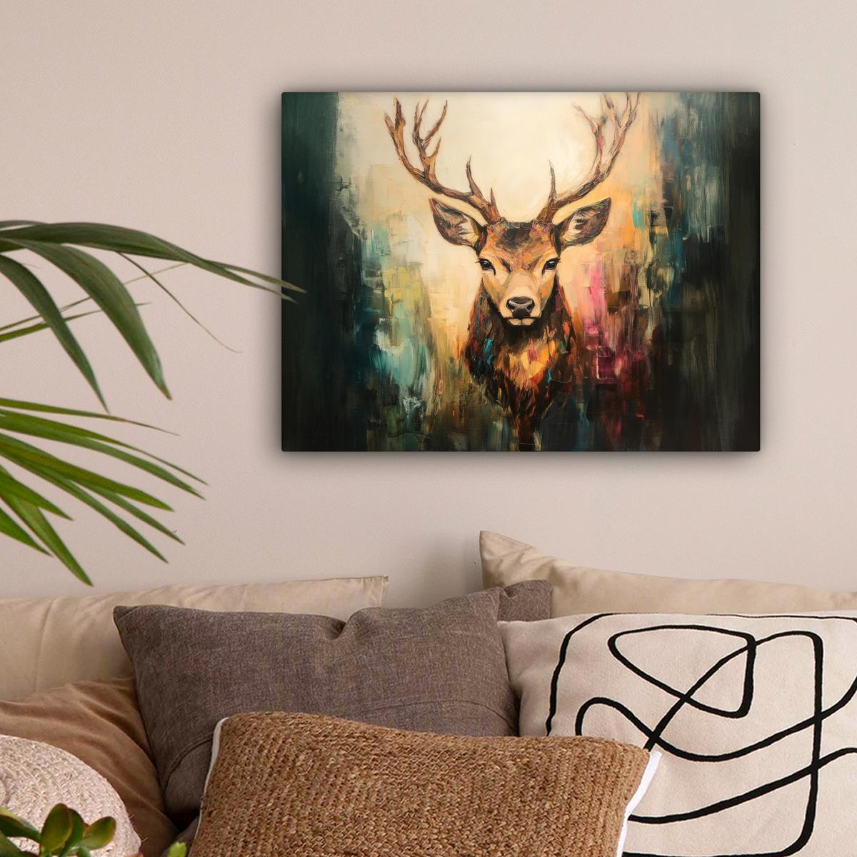 LEINWANDBILD Hirsch - Gemalt - Geweih - Braun Wandbild 40x30 cm - Haselnussfarben, Textil (40/30cm) - MuchoWow