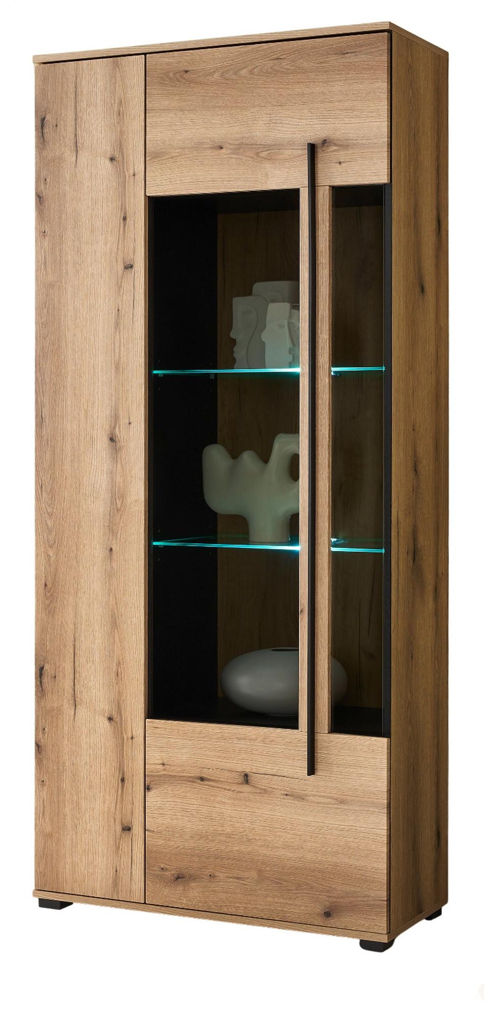 VITRINE Eiche Evoke, großer Vitrinenschrank 90 x 200 cm inklusive Beleuchtung - Eichefarben/Schwarz, Glas/Holzwerkstoff (90/200/37cm) - Furn.Design
