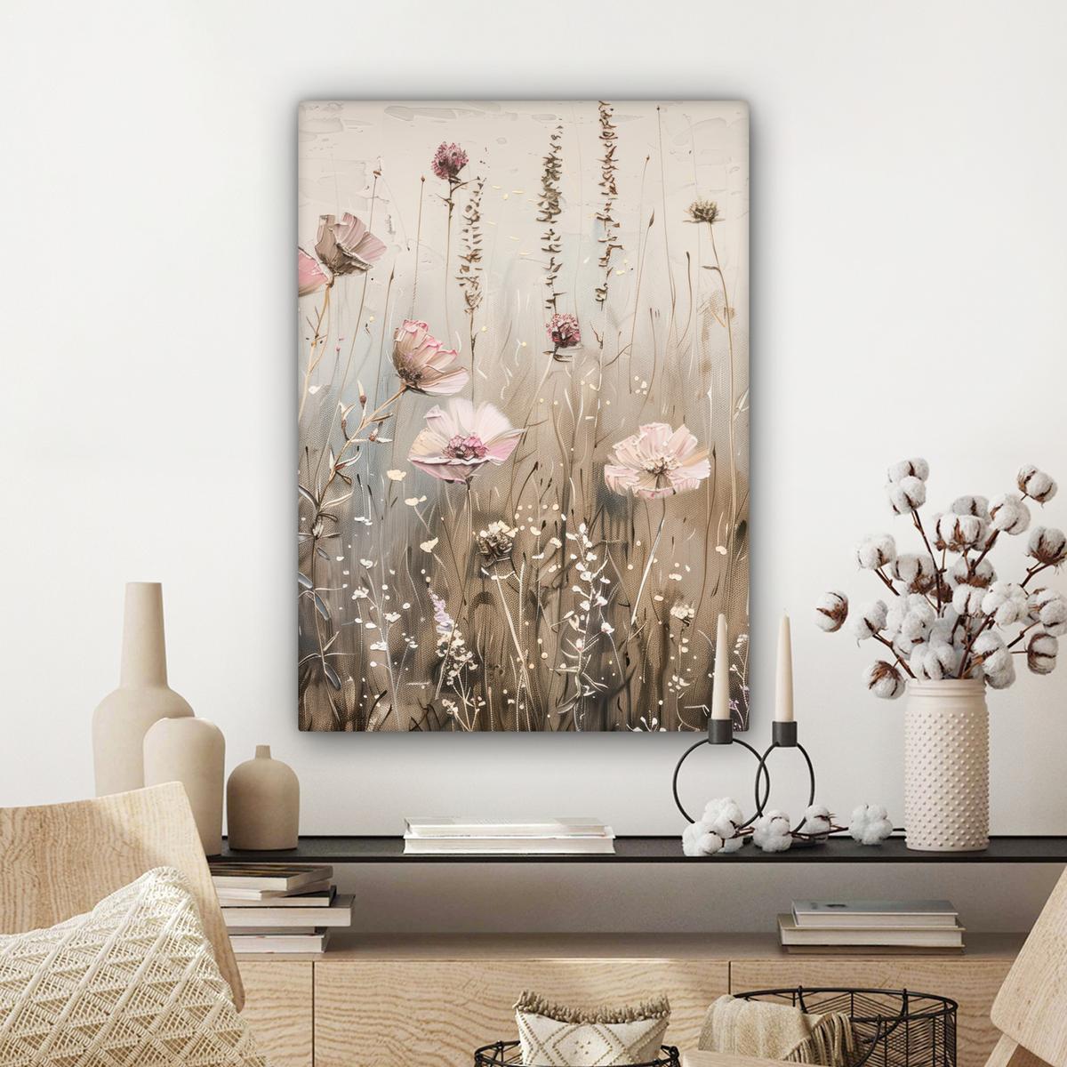 LEINWANDBILD Blumen - Rosa - Modern - Beige Wandbild Wohnzimmer 60x80 cm - Beige, Textil (60/80cm) - MuchoWow