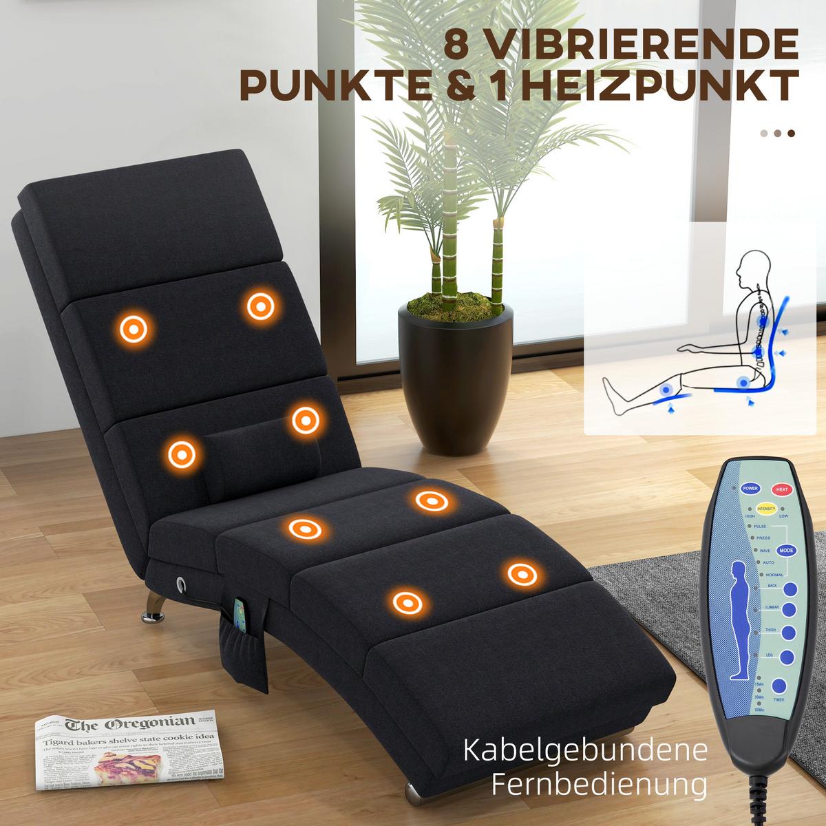 RELAXLIEGE mit 5 Massagemodi, Heizfunktion, Schwarz - Schwarz, Textil/Metall (56/84/168cm) - HOMCOM