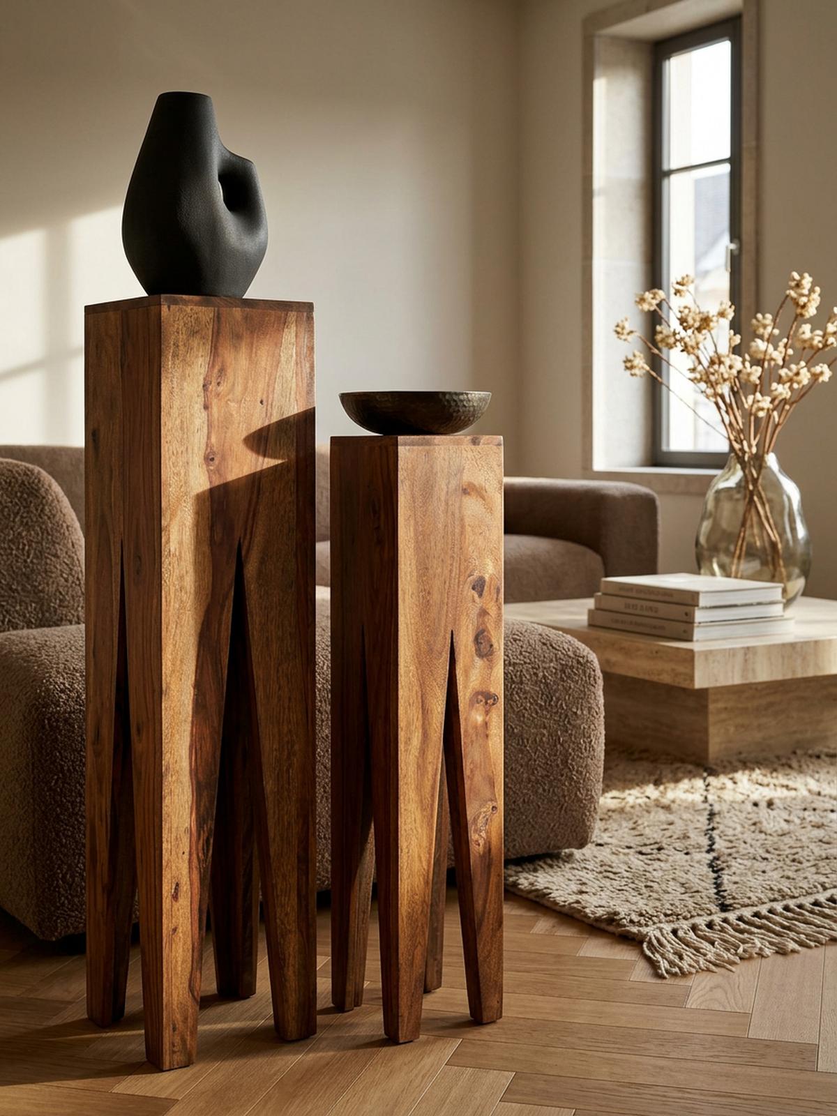 BEISTELLTISCH 3er Set Massivholz Handgefertigt Giraffenbeine, Braun 25x25x100 cm - Braun, Holz (25/25/100cm) - KADIMA DESIGN
