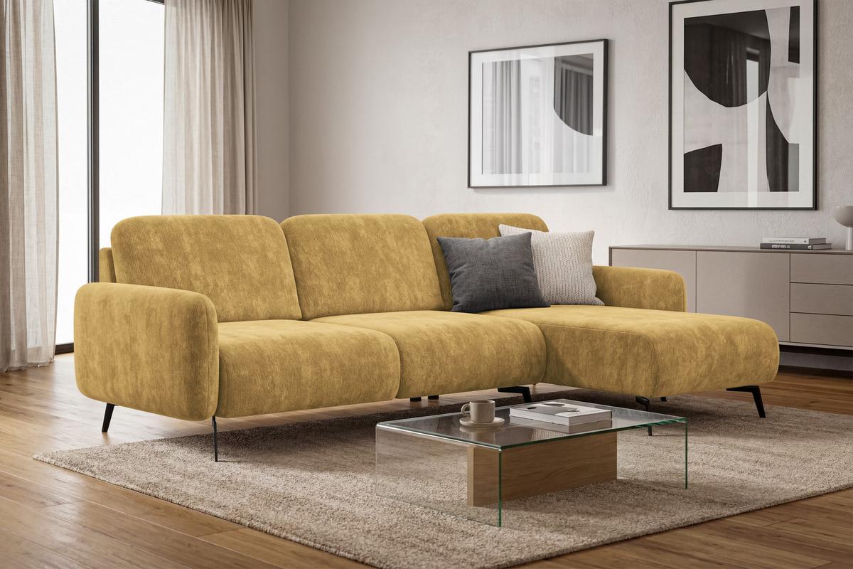 ECKSOFA FEBE 4-Sitzer RECHTS, safranfarbener Chenille-Stoff - Gelb/Schwarz, Holz/Textil (264/157cm) - Wozimo