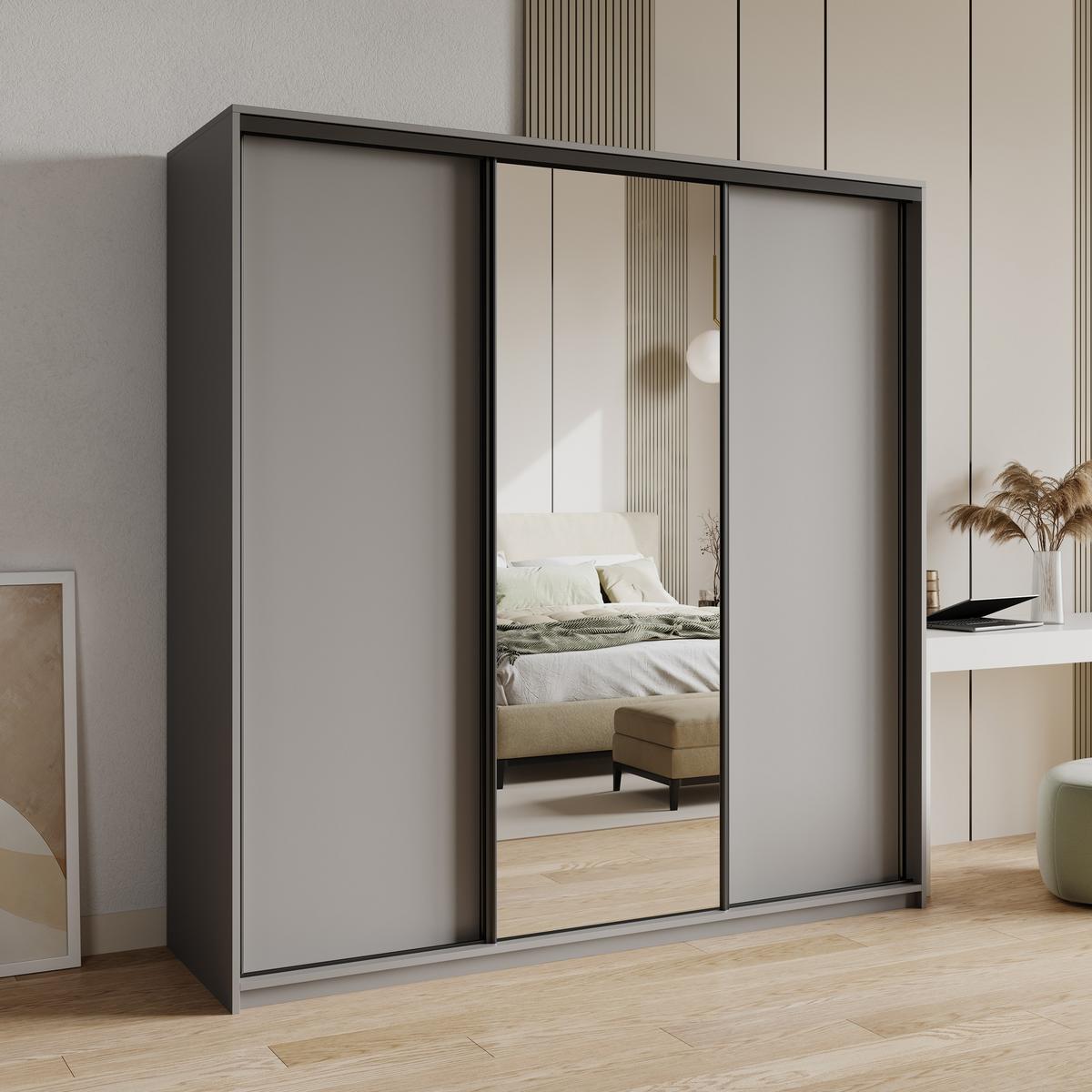 SCHWEBETÜRENSCHRANK TAVI 180/205/60 cm 3-türig mit Spiegel und Schubladen Graphitfarben - Graphitfarben/Schwarz, Holzwerkstoff (180/205/60cm) - MASSENO