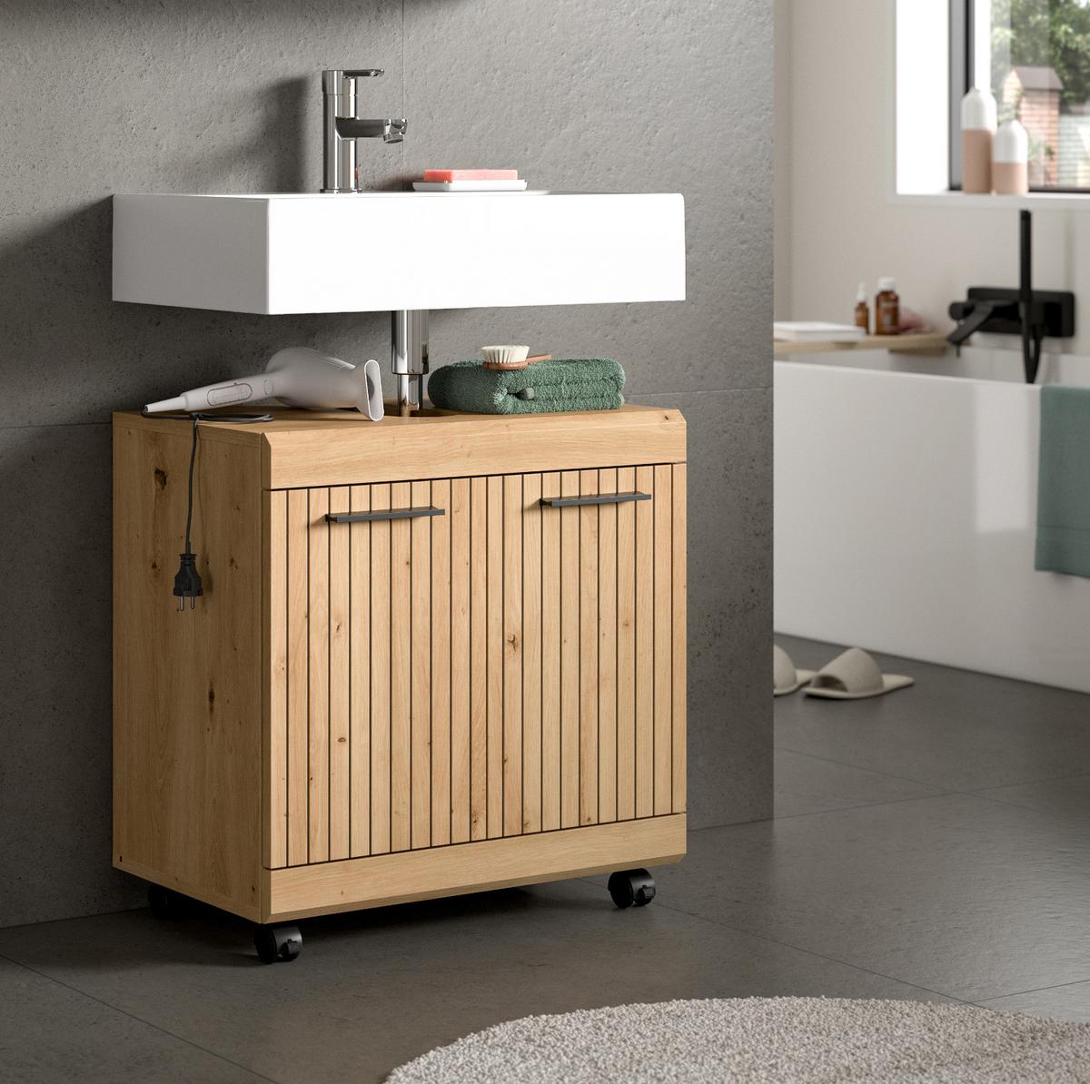 WASCHBECKENUNTERSCHRANK Eiche Artisan 60 cm, Badezimmer Unterschrank auf Rollen - Schwarz/Eiche Artisan, Holzwerkstoff/Kunststoff (60/60/34cm) - Inn.Furn