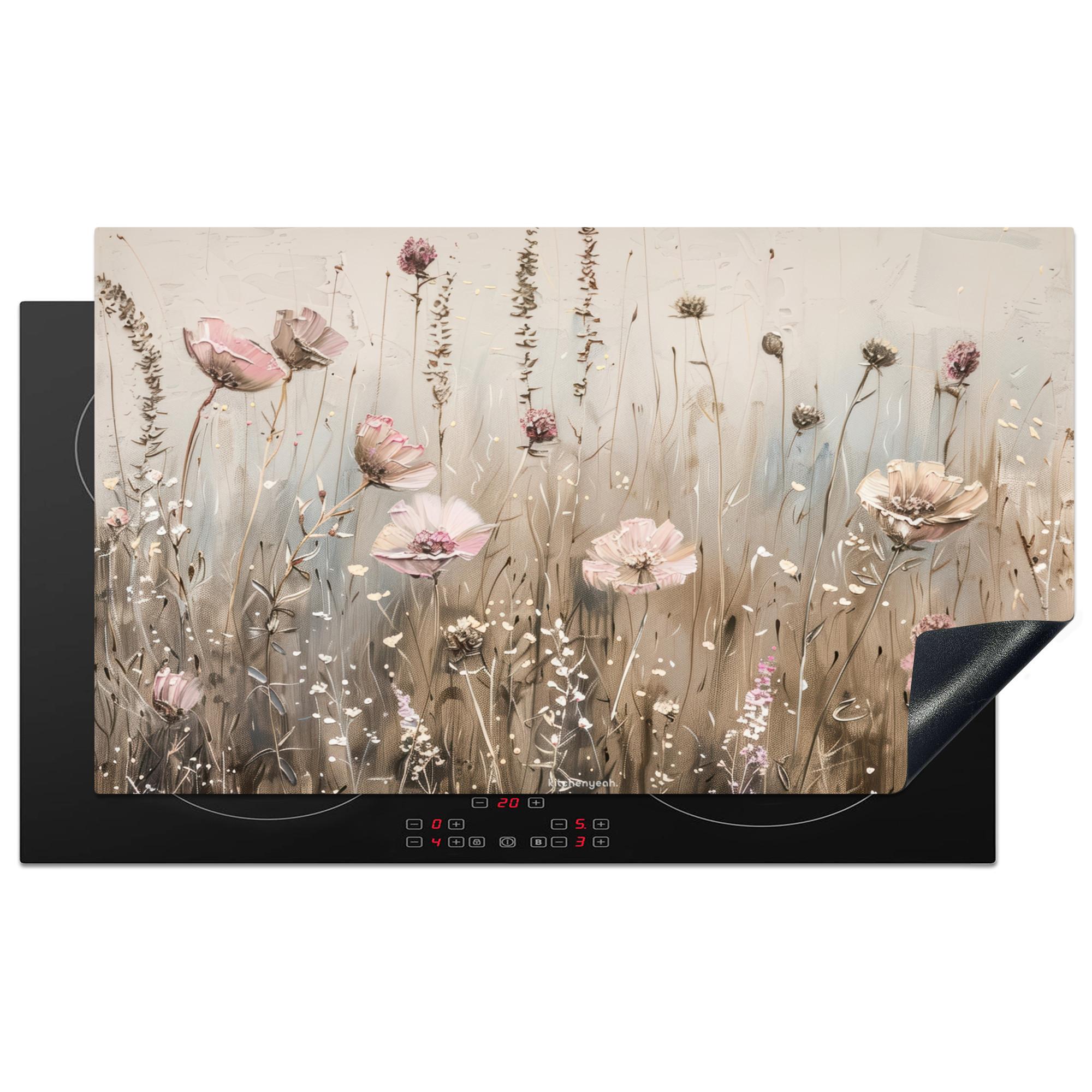 HERDABDECKPLATTE Blumen - Beige - Trockenblumen Induktionsschutz 91.2x52 cm - Beige, Kunststoff (91.2/52/0.2cm) - MuchoWow