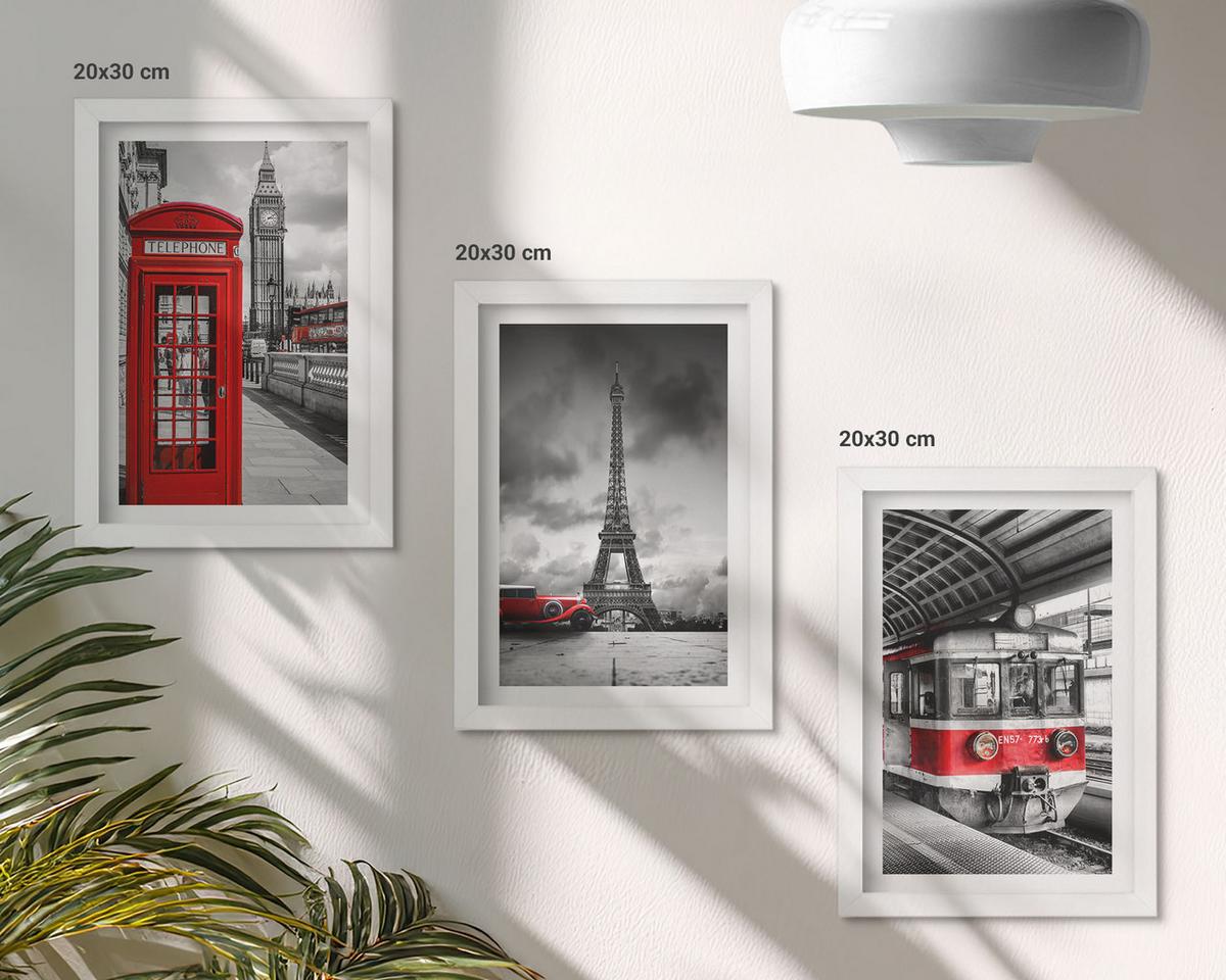 BILDER SET 3er Set - 20x30 cm Weißer Rahmen - Ikonen London Paris Verkehr - Weiß, Kunststoff (20/30cm) - TULUP