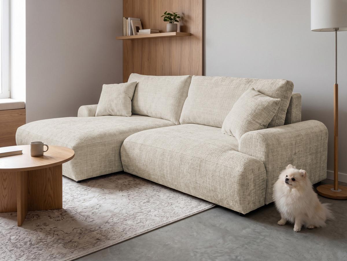 ECKSOFA Melvano mit Schlaffunktion und Bettkasten im Japandi-Stil aus weichem Beige Chenille-Stoff - Creme/Schwarz, Holz/Kunststoff (145/240cm) - S-Style