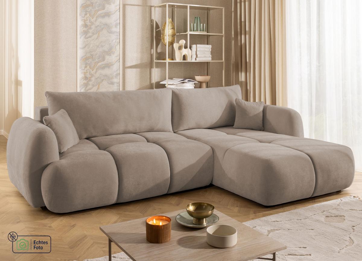ECKSOFA Loretto aus natürlichem Greige Webstoff mit Schlaffunktion, Bettkasten und tiefen Steppungen in Bubble-Optik - Greige/Schwarz, Holz/Kunststoff (275/180cm) - S-Style