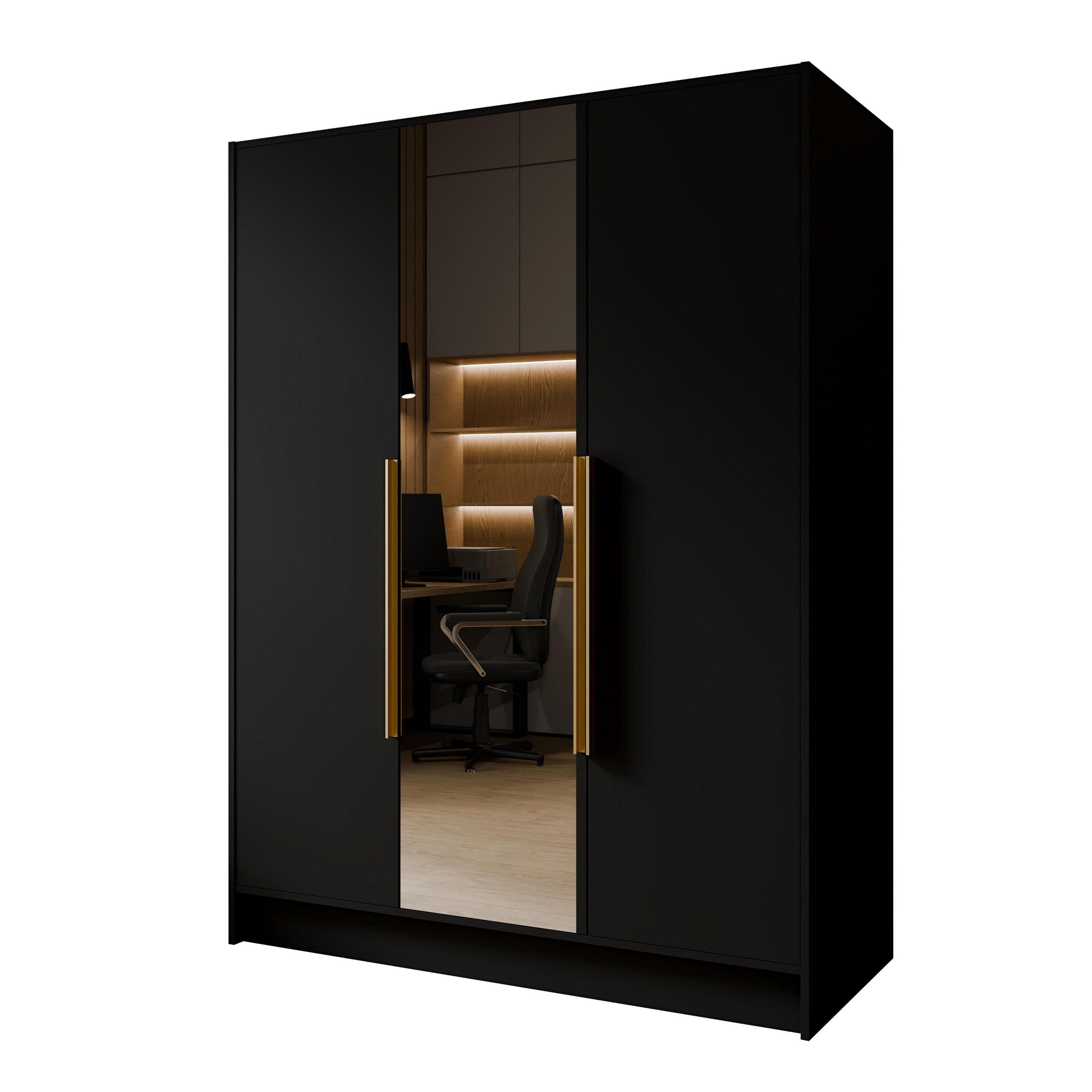DREHTÜRENSCHRANK RENVO 150/200/51 cm Modern Kleiderschrank 3-türig mit Spiegel Schwarz - Schwarz, Holzwerkstoff (150/200/51cm) - MASSENO