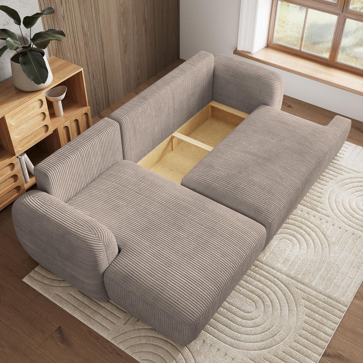 ECKSOFA MODENZA P L-S Beige Kordstoff mit Schlaffunktion - Beige/Schwarz, Holz/Kunststoff (266/148cm) - MASSENO
