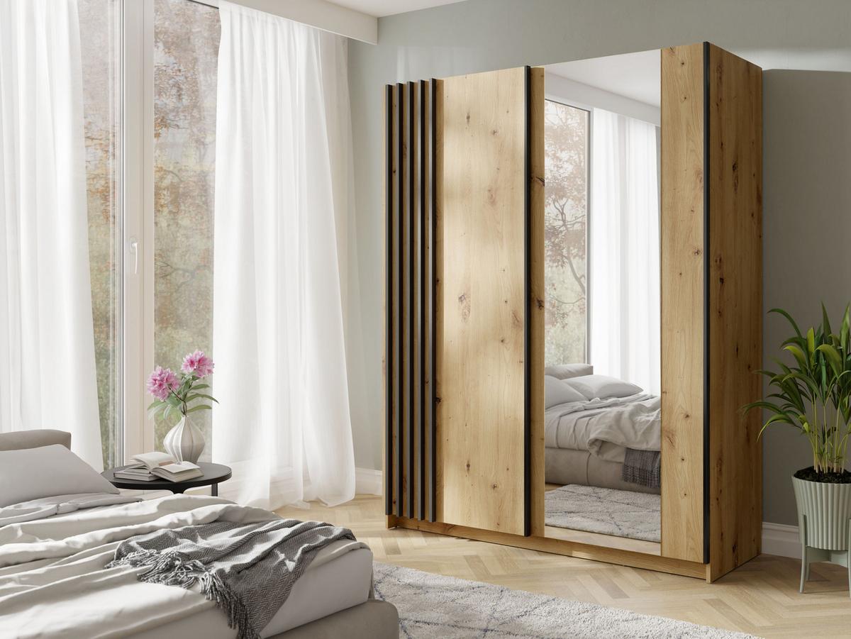 SCHWEBETÜRENSCHRANK RANOR 150,6/198,5/62cm 2-türig mit Spiegel Eiche Artisan - Schwarz/Eiche Artisan, Holzwerkstoff (150.6/198.5/62cm) - MASSENO