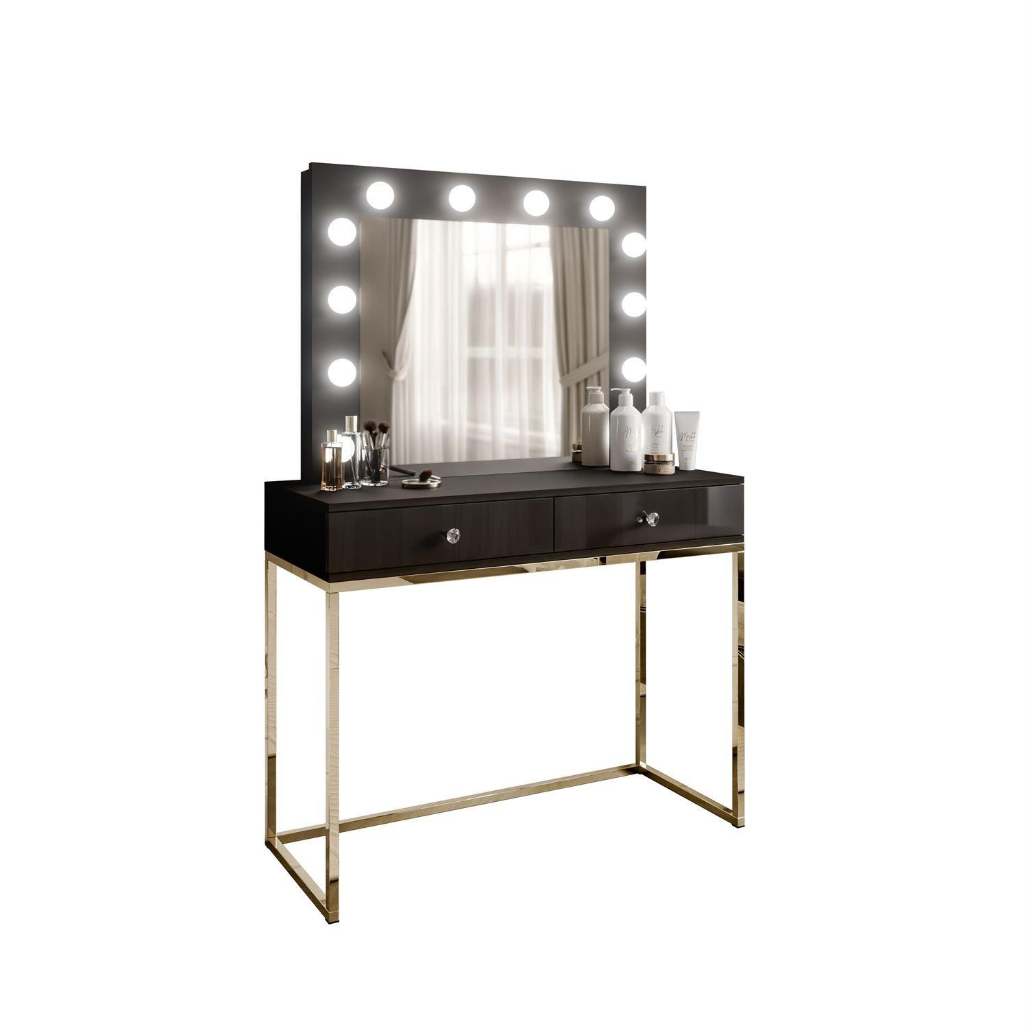 SCHMINKTISCH BLANCO mit Spiegel und Beleuchtung Gold Chrom Schwarz Hochglanz Kristallgriff - Schwarz Hochglanz/Goldfarben, Holzwerkstoff (100/146/42cm) - Lookway