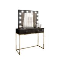 SCHMINKTISCH BLANCO mit Spiegel und Beleuchtung Gold Chrom Schwarz Hochglanz Kristallgriff - Schwarz Hochglanz/Goldfarben, Holzwerkstoff (100/146/42cm) - Lookway
