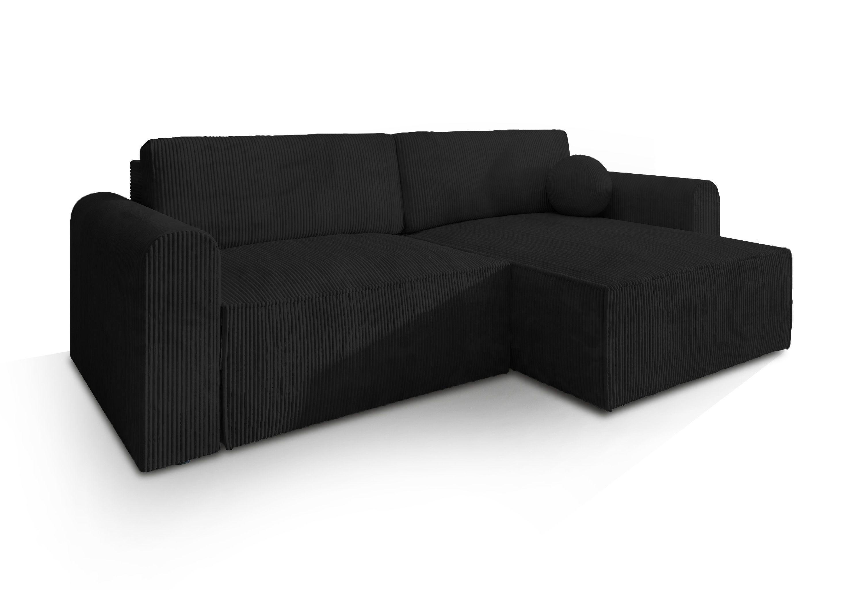 ECKSOFA FIANO P Schwarz Kordstoff mit Schlaffunktion - Schwarz/Grau, Holz/Kunststoff (245/148cm) - MASSENO