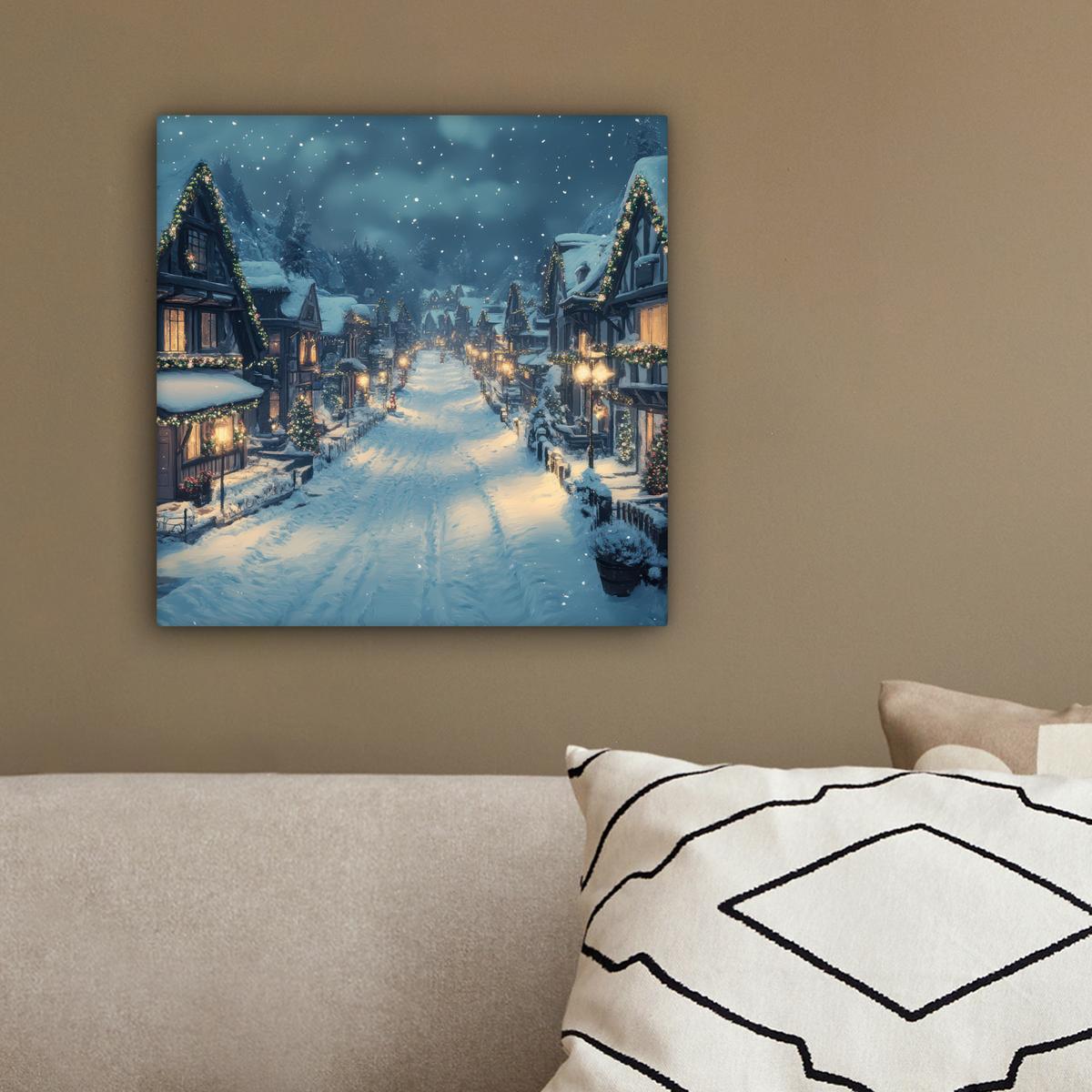 LEINWANDBILD Weihnachtsdorf - Weihnachten - Schnee - Winter Deko Wohnzimmer 20x20 cm - Dunkelblau, Textil (20/20cm) - MuchoWow