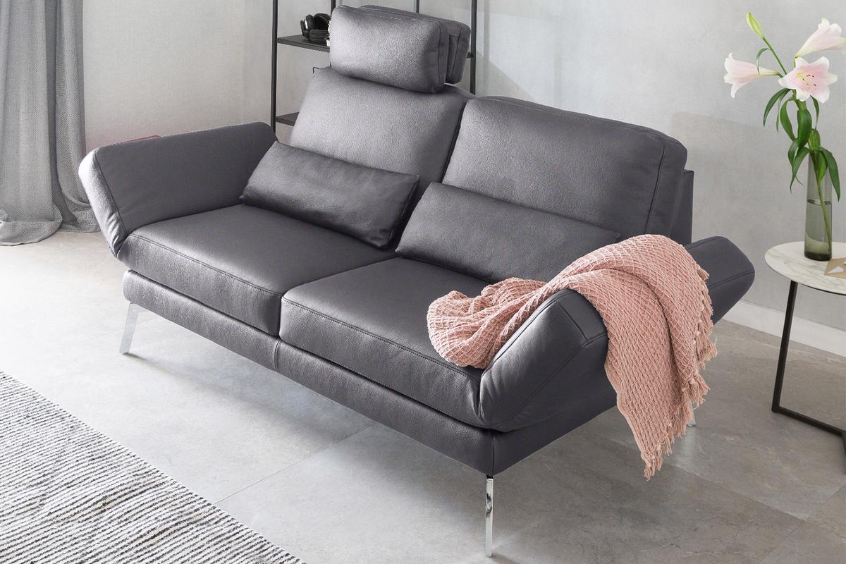 LEDERSOFA HURRICANE Grau Leder - Dunkelgrau/Silberfarben, Leder (170/87/141cm) - KAWOLA