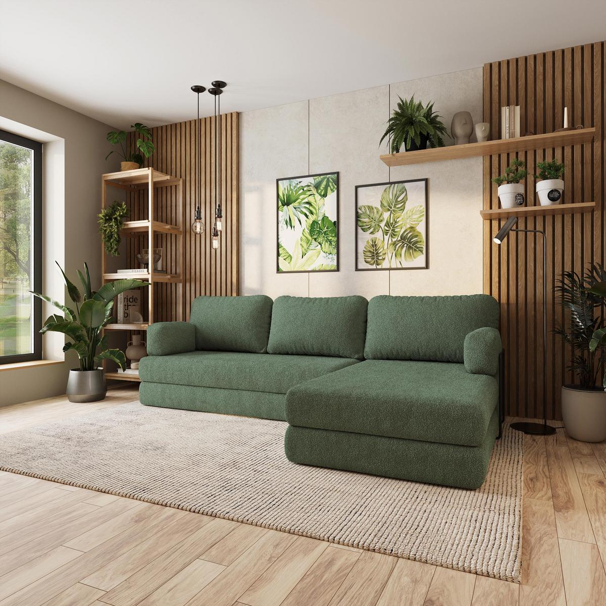 ECKSOFA LEA modulares Boneless Sofa mit Schlaffunktion Grün Boucle-Stoff - Grün, Textil (270/160cm) - MASSENO