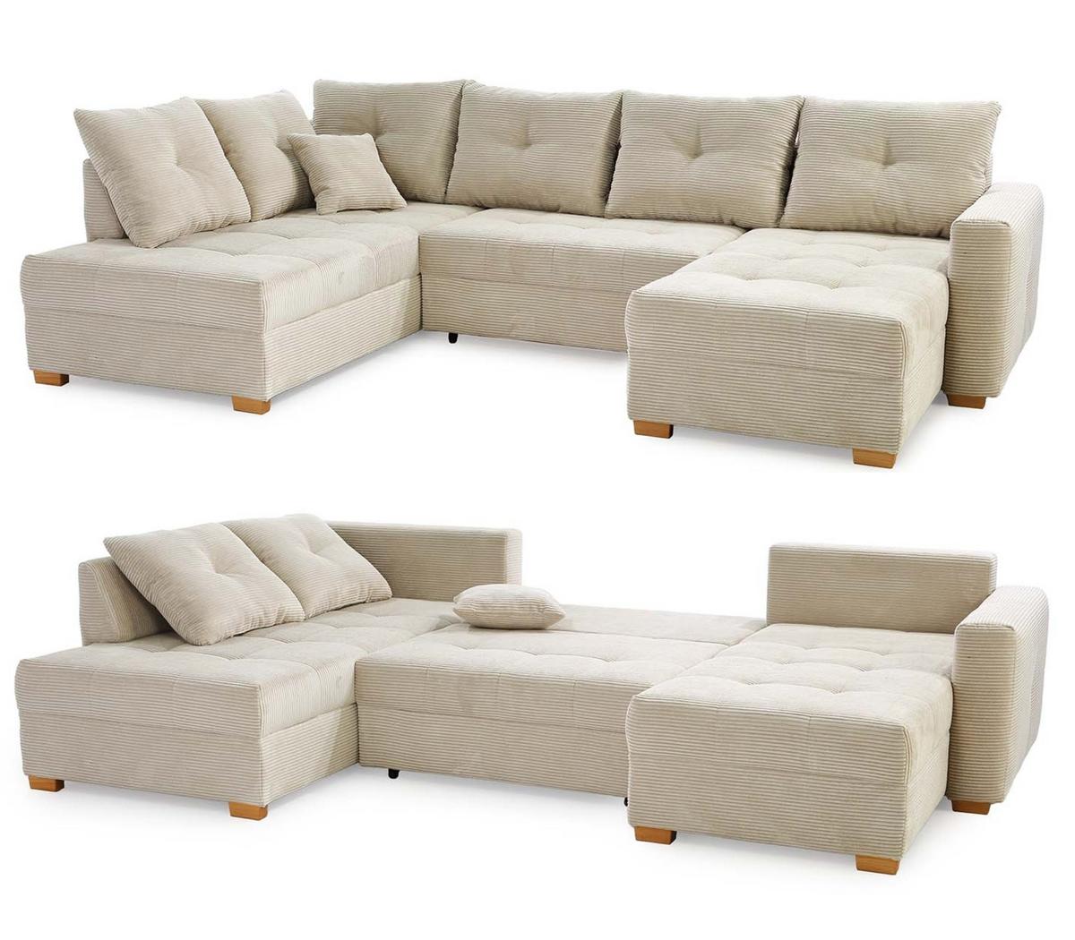 WOHNLANDSCHAFT mit Schlaffunktion und Bettkasten, spiegelverkehrt montierbar U-Form B313/T200/H92 cm, Cord Beige Grau / 15218 - Greige/Eichefarben, Holz/Textil (313/92/200cm) - luma-home
